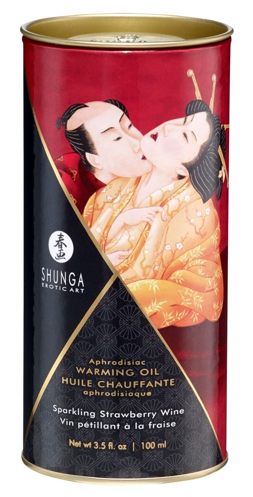 Scatola cilindrica. Scritta: Shunga, Warming Oil, aroma fragola. Illustrazione: coppia che si bacia. Sfondo rosso, dettagli neri e dorati.