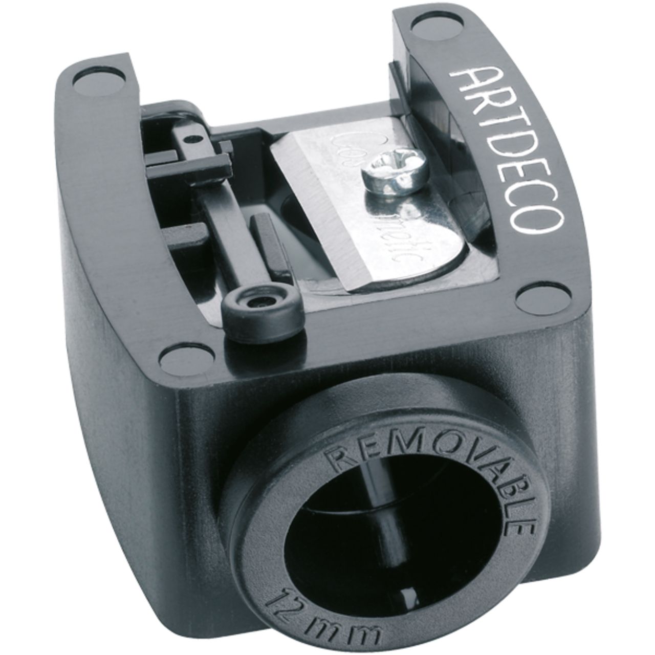 Temperino nero con logo ARTDECO. Con apertura rimovibile, 12 mm. Lama metallica visibile.