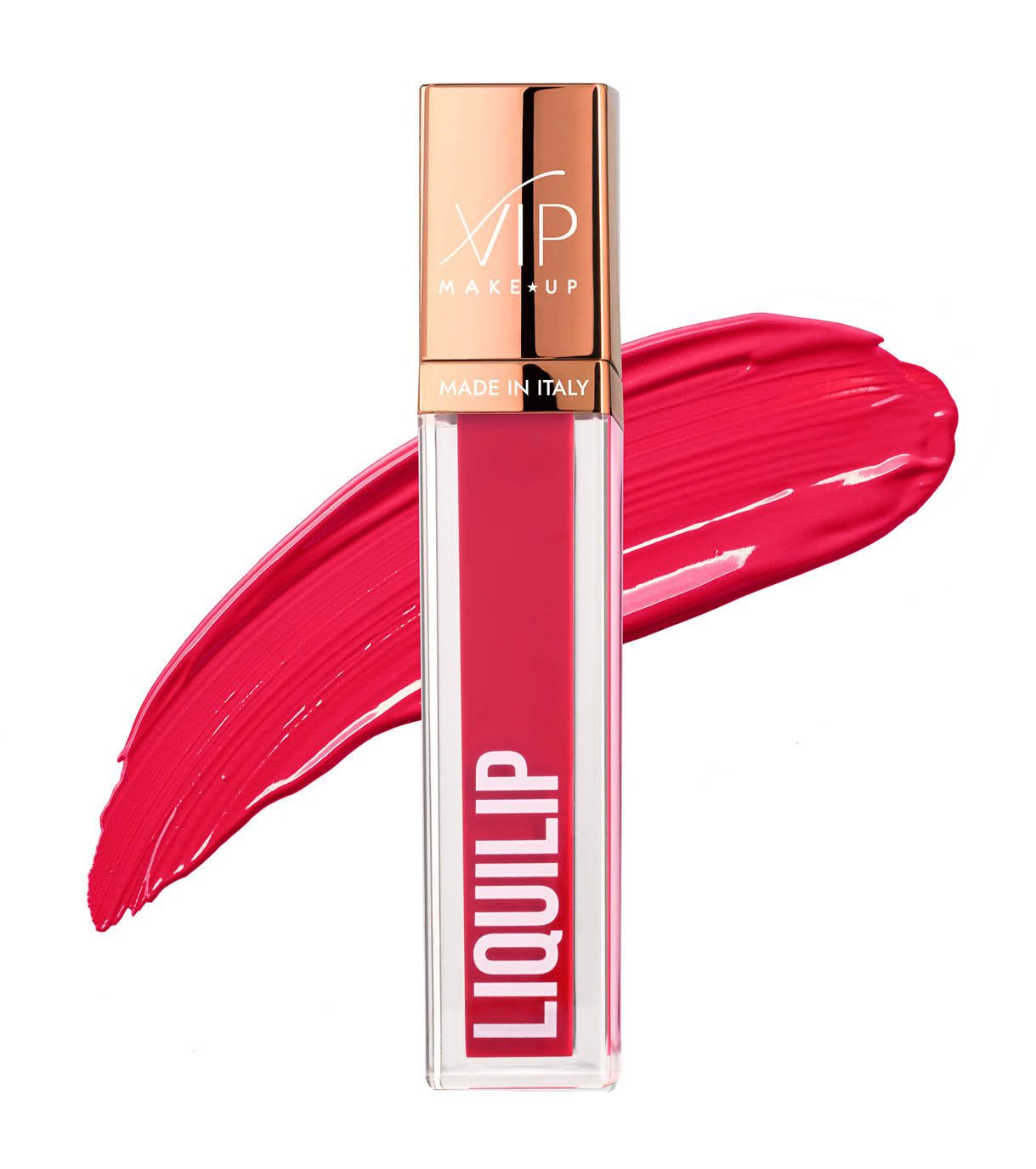 Rossetto liquido rosso con applicatore dorato e scritta "LIQUILIP".