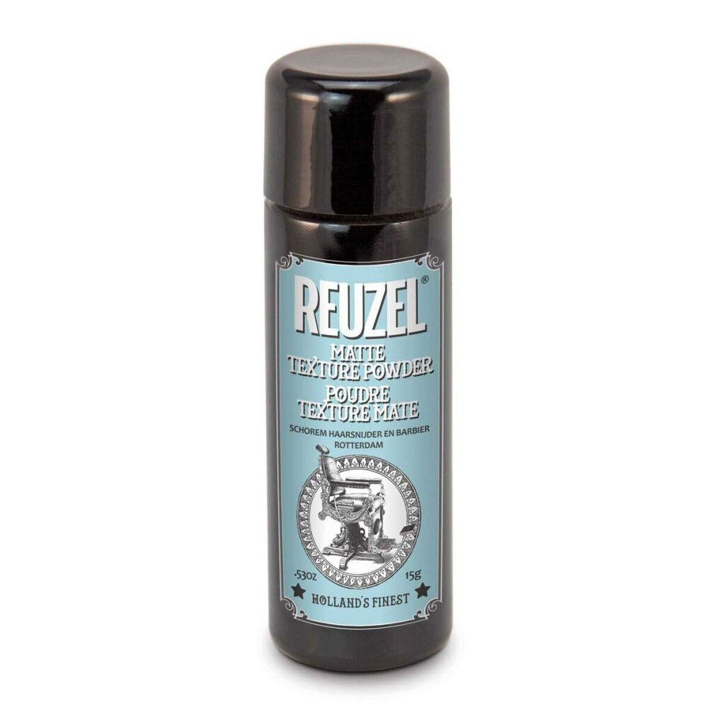 Flacone Reuzel Matte Texture Powder con tappo nero ed etichetta raffigurante una poltrona da barbiere.
