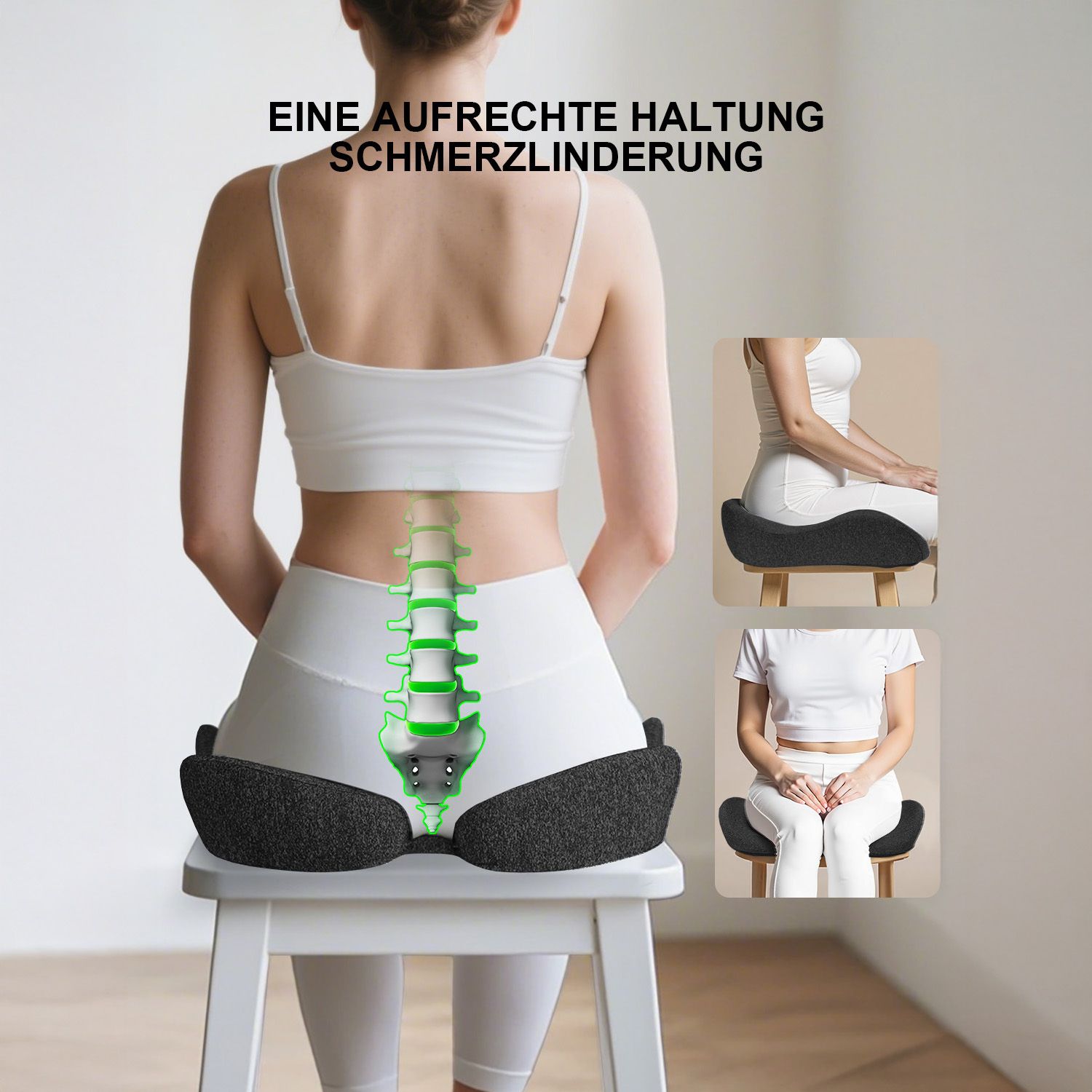 Donna seduta su cuscino ergonomico per promuovere una postura eretta.