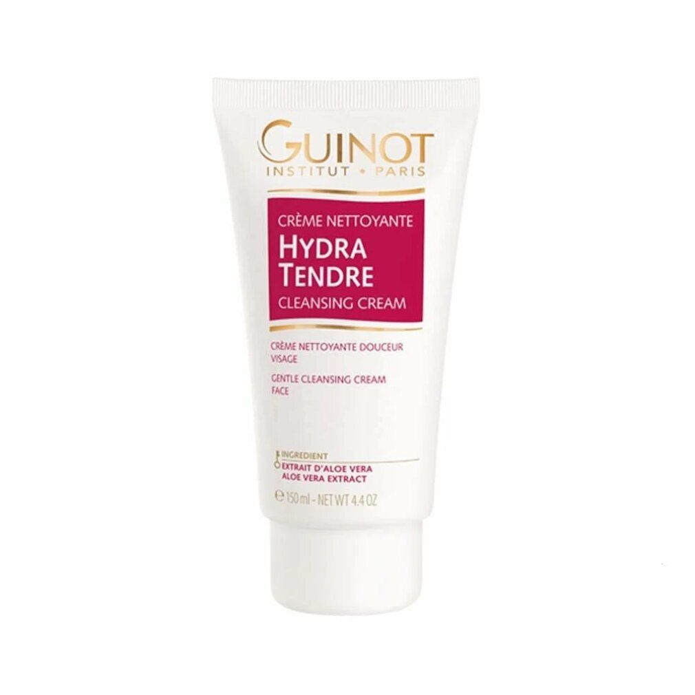Tubo bianco con etichetta rossa. Logo Guinot e nome Hydra Tendre. Testo: Cleansing Cream. Con estratto di aloe vera.