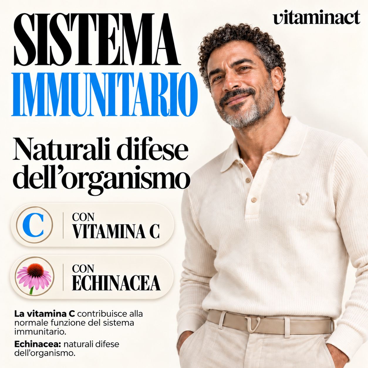 Uomo con Vitamina C ed Echinacea per il sistema immunitario.