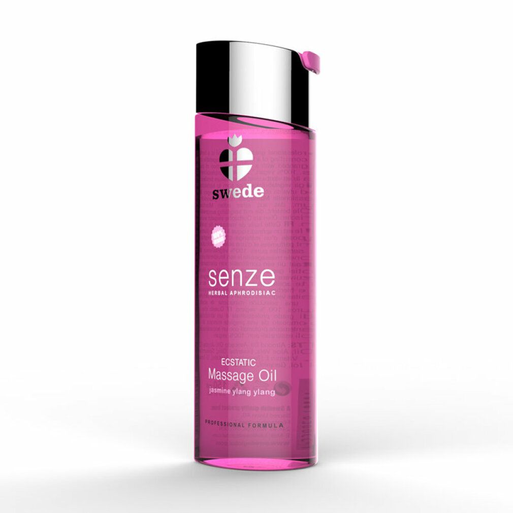Flacone rosa con tappo argentato. Scritte: swede, senze, Massage Oil. Liquido trasparente visibile.