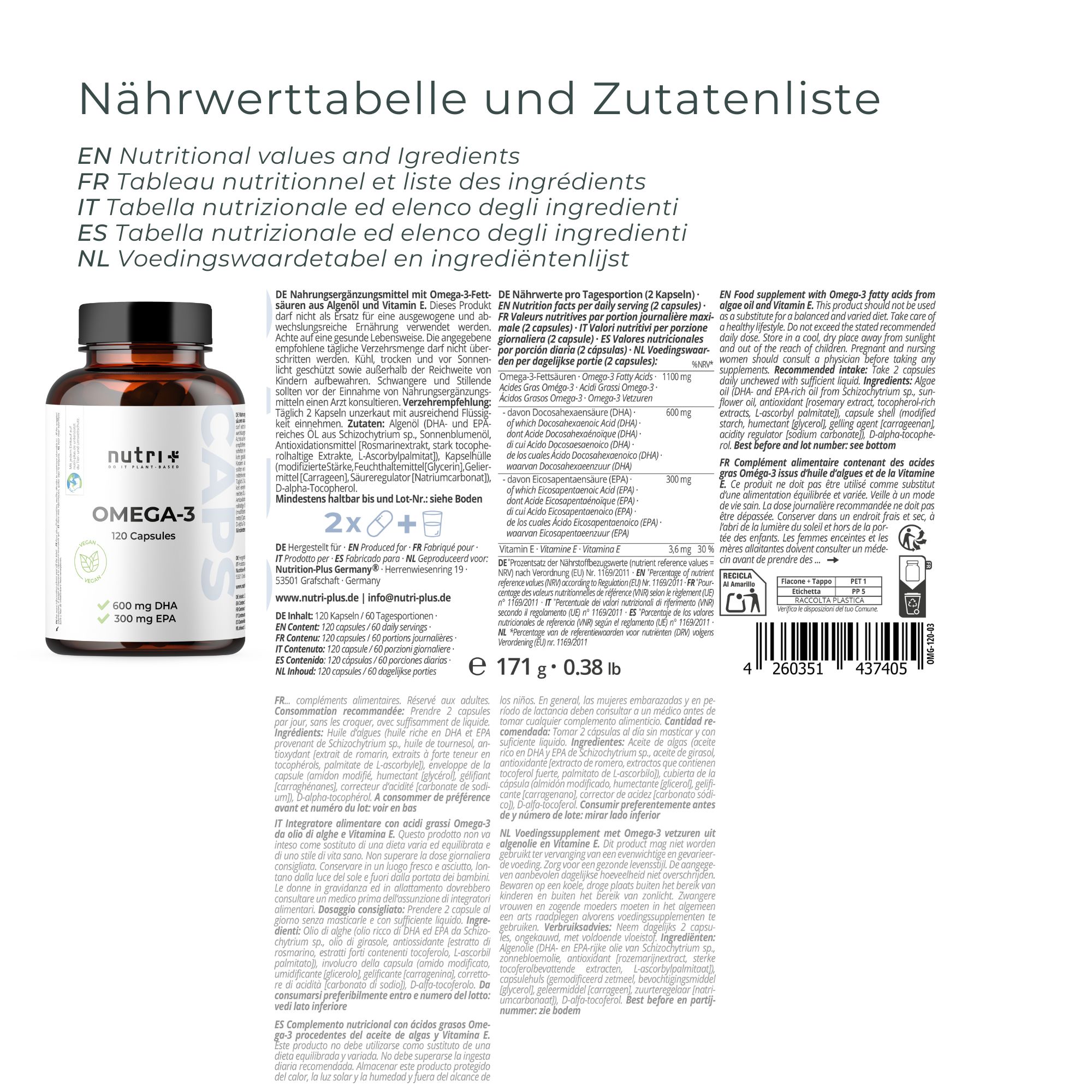 Tabella nutrizionale e elenco degli ingredienti. Flacone del prodotto con logo "nutri+". Testo in inglese, francese, italiano, spagnolo e olandese.