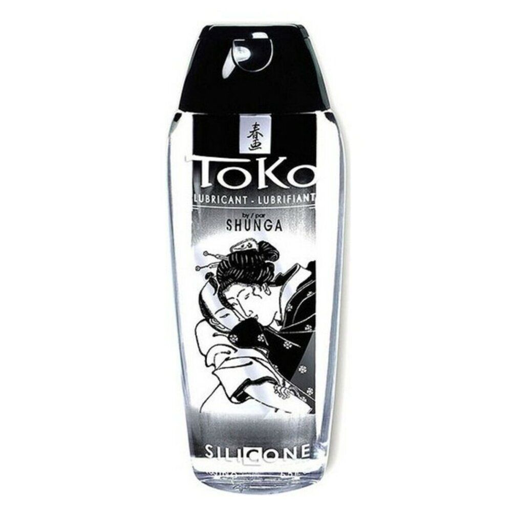 Flacone trasparente con tappo nero. Scritta: Toko Lubricant, Shunga, illustrazione femminile. Parola: Silicone.