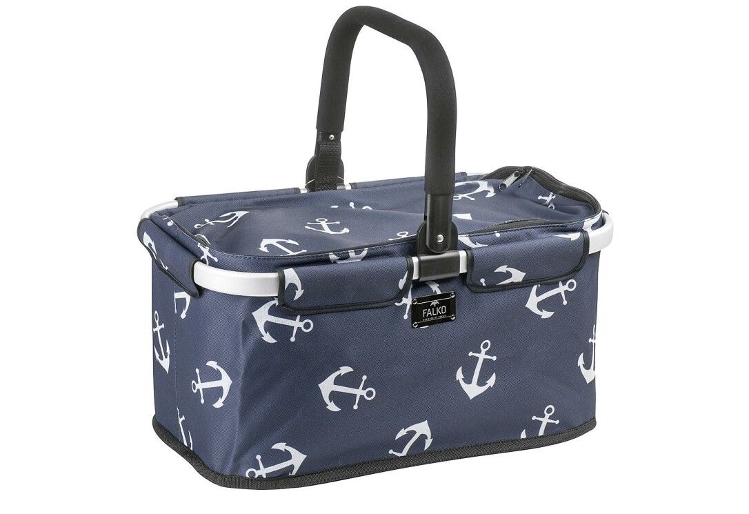 Cesto blu con motivo di ancore bianche. Manico nero, cornice bianca. Logo FALKO.