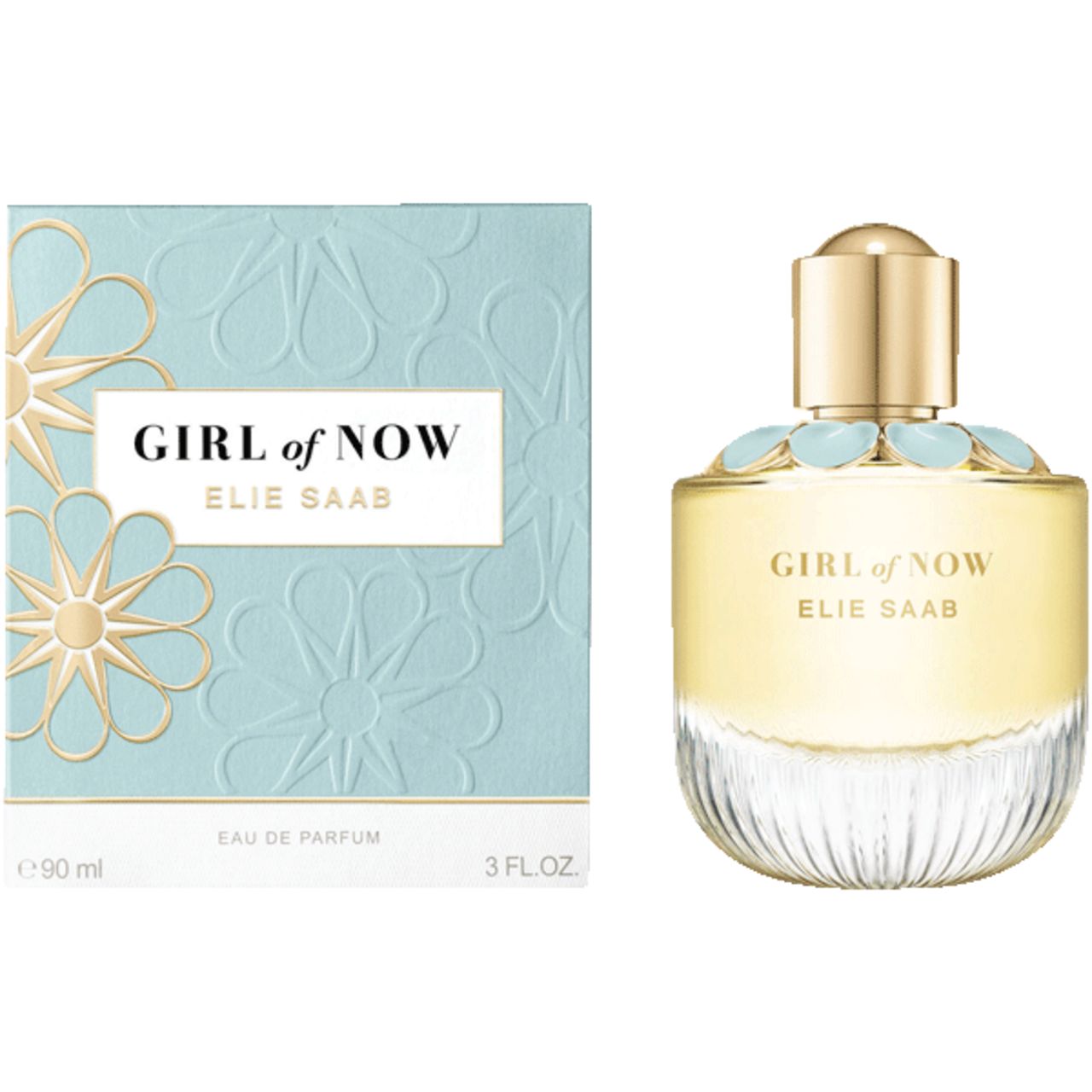 Elie Saab Girl of Now EdP Nat. Spray. Flacone e confezione. Scatola azzurra con motivi floreali. Flacone con tappo dorato.