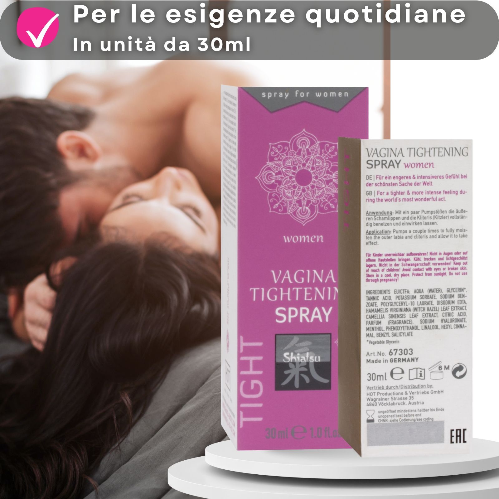 Flacone spray dorato e confezione. Testo: Vagina Tightening Spray. 30ml. Con coppia.