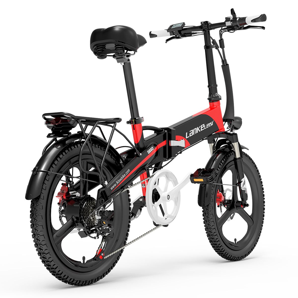 E-bike pieghevole, rosso-nero. Marca LANKELEISI, G660. Pneumatici neri, portapacchi, fanale posteriore. Vista posteriore.