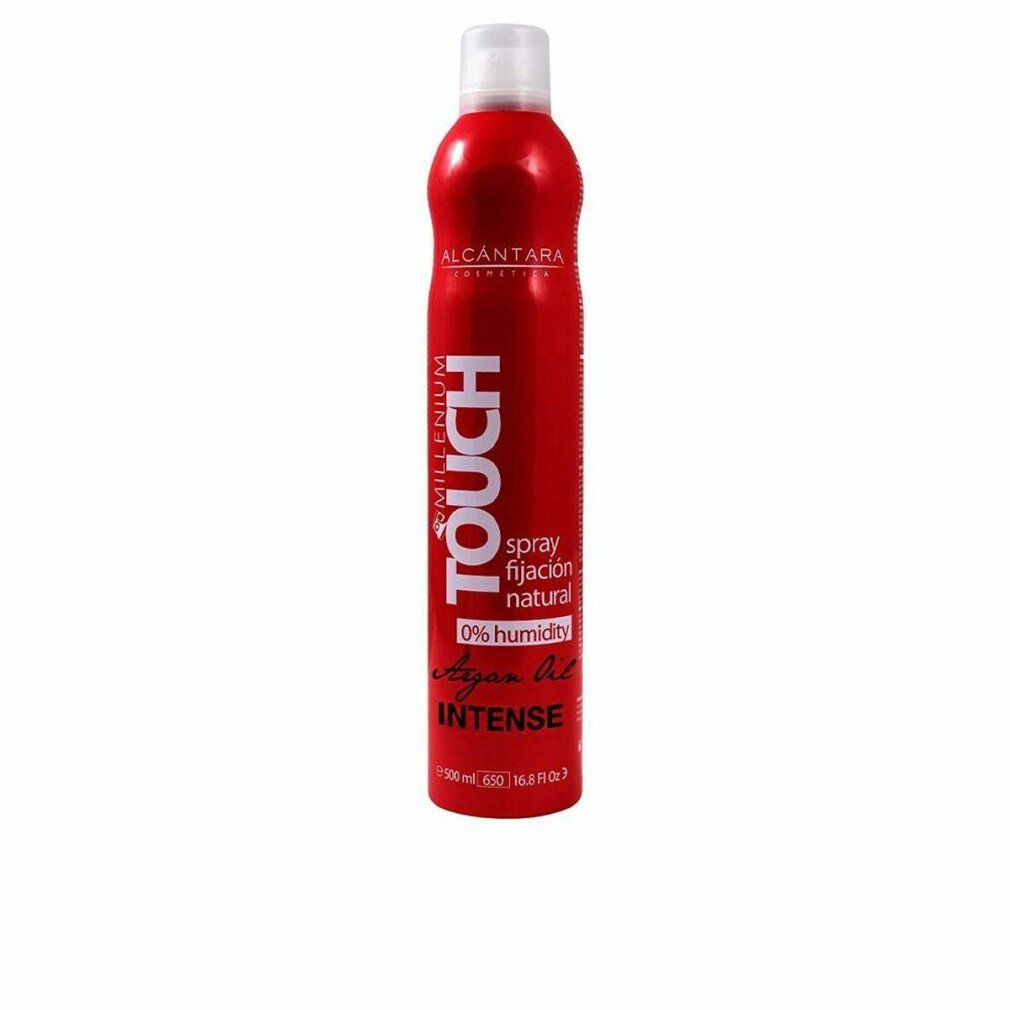 Flacone spray rosso con tappo bianco. Scritte: TOUCH, spray fijacion natural, 0% humidity, Argan Oil, INTENSE. Marchio ALCANTARA.