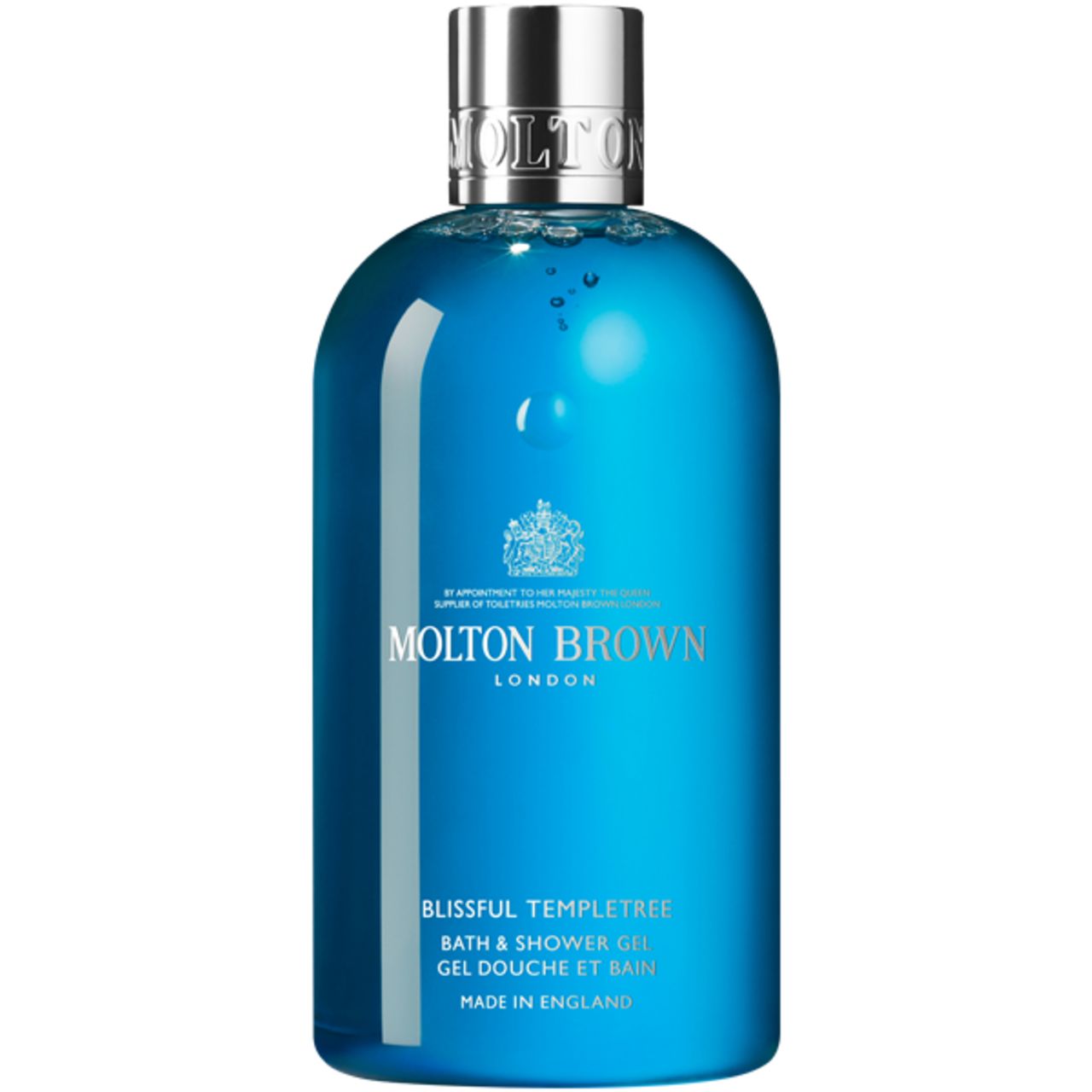 Gel doccia blu in bottiglia con tappo argentato. Scritta: Molton Brown London, Blissful Templetree, gel doccia e bagno.