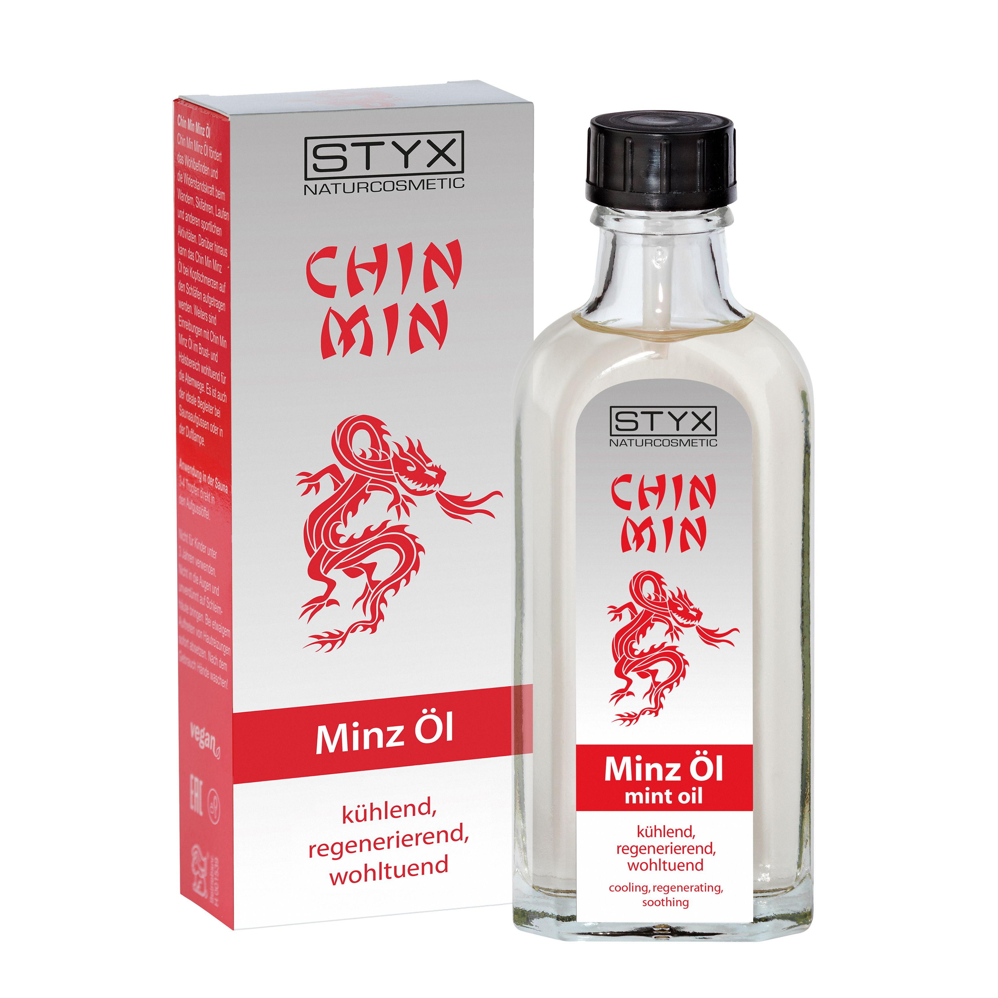 Flacone e confezione del prodotto. Flacone con tappo nero ed etichetta. Drago rosso e scritta CHIN MIN. Testo: Minz Öl, cooling, regenerating, soothing.