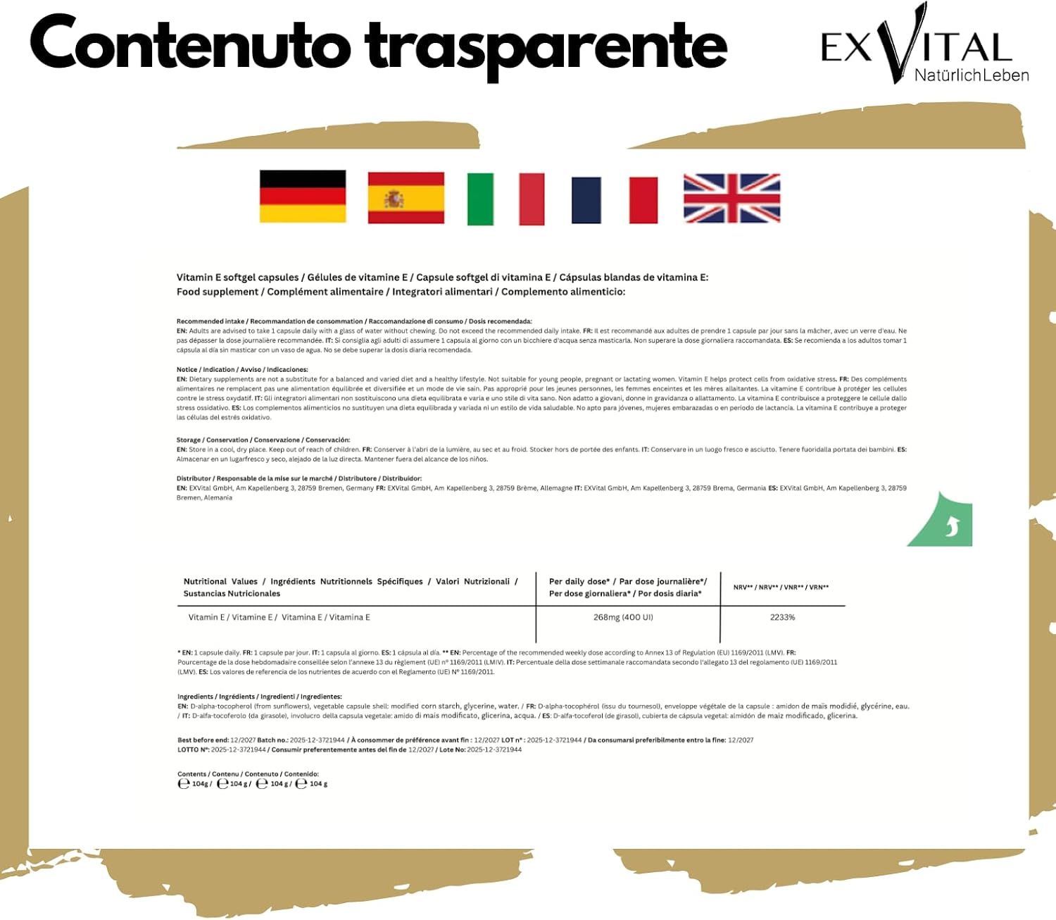 Flacone EXVital Vitamina E 400 UI 240 capsule molli. Contenuto trasparente, valori nutrizionali.