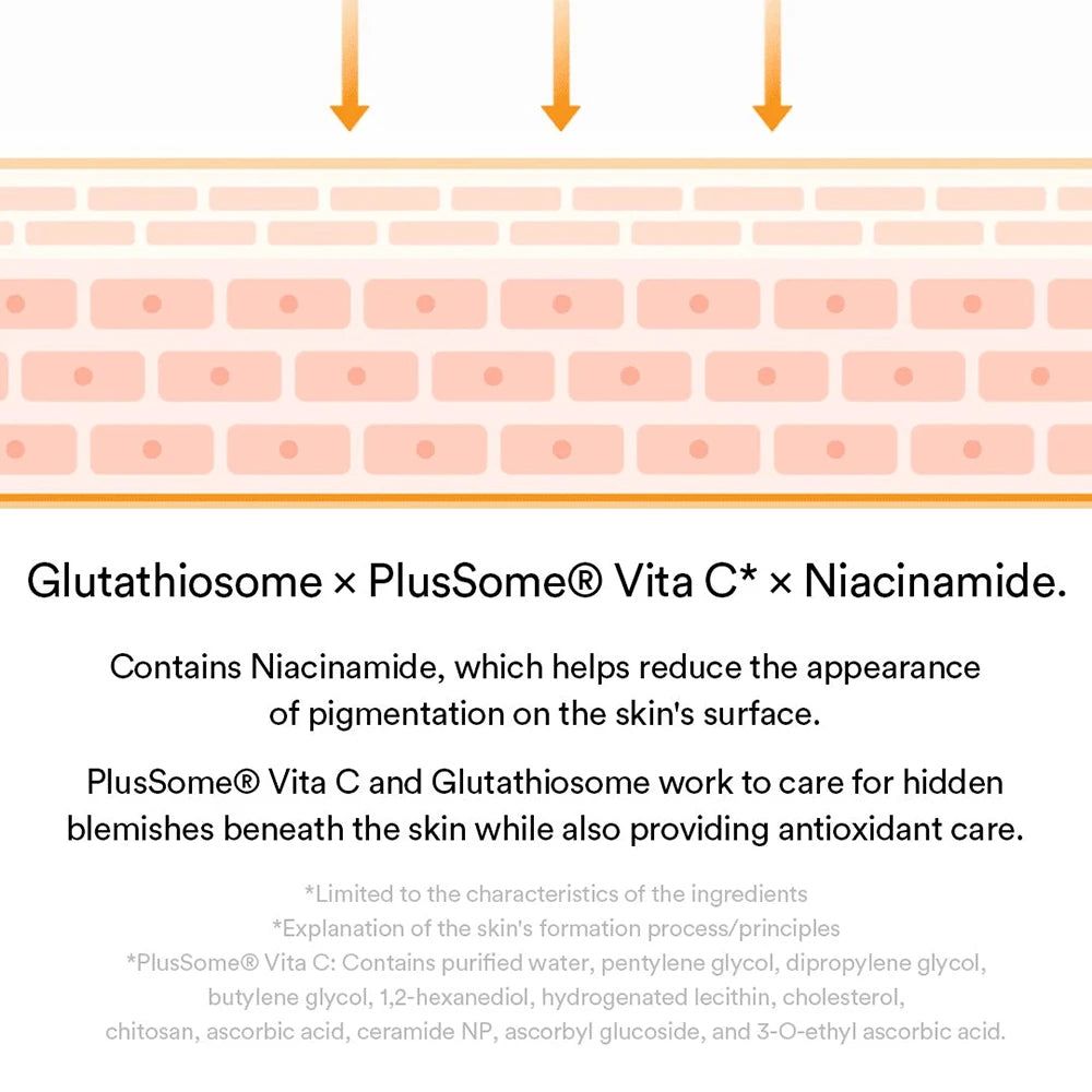 Rappresentazione grafica degli strati della pelle. Testo: Gluthathiosom x PlusSome® Vita C x Niacinamide. Descrizione degli ingredienti e degli effetti.