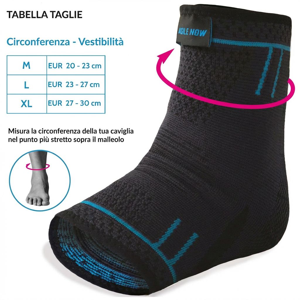 Persone con tutori per caviglia neri. Marchio: AGILE NOW. Testo: COMPRESSIONE OTTIMALE.
