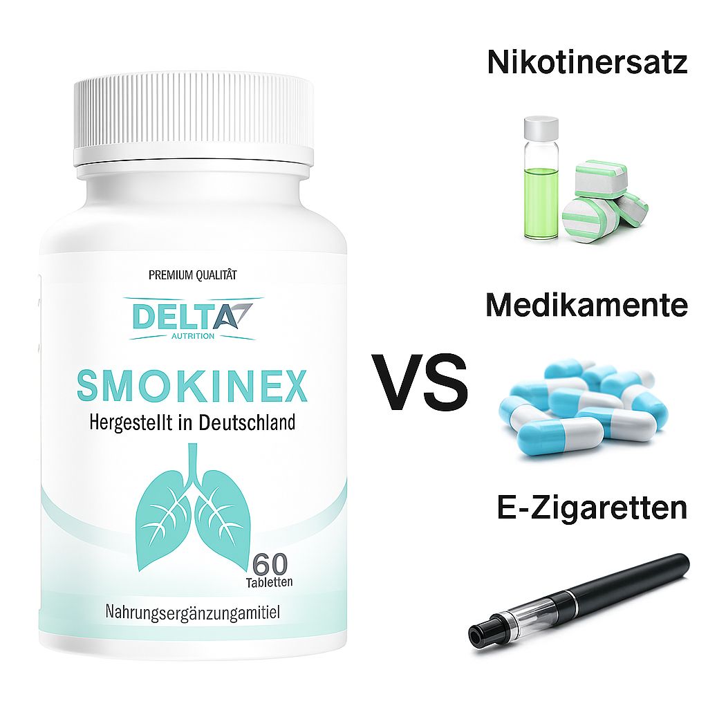 Flacone bianco SMOKINEX, DELTA7 NUTRITION, 60 compresse. Confronto con sostituti nicotinici, farmaci e e-sigarette.