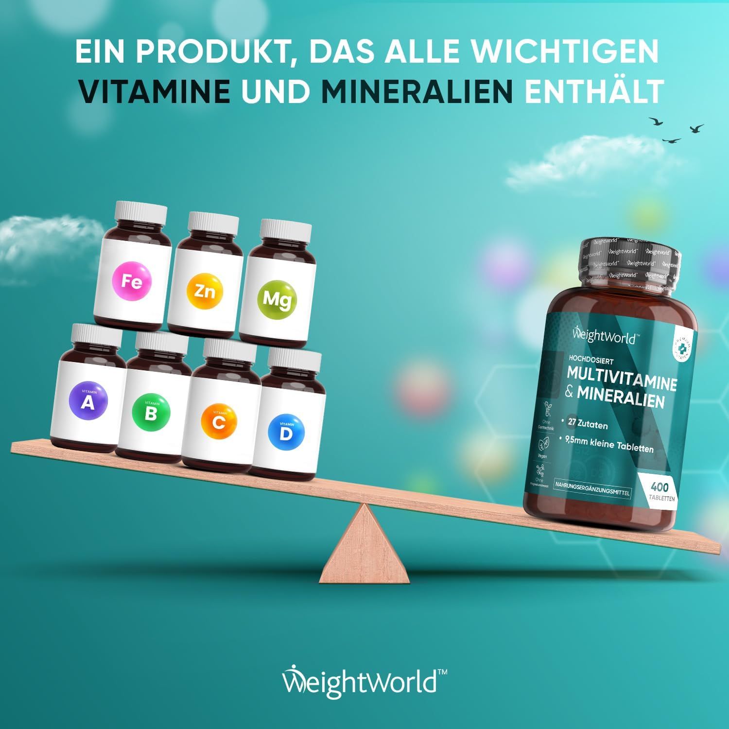 Flacone marrone WeightWorld Multivitamine & Minerali. 7 piccoli flaconi di vitamine. Bilancia.