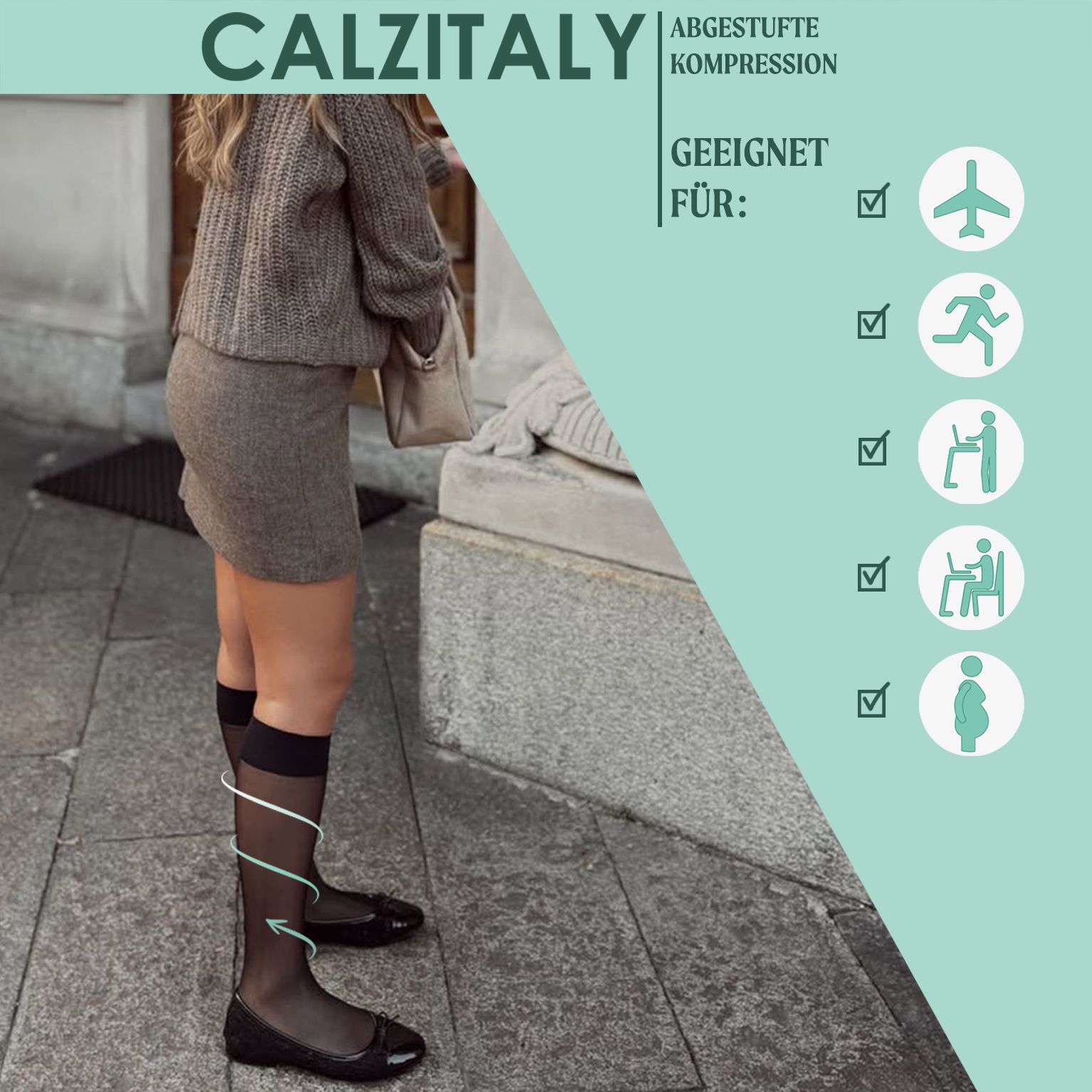 Donna con calze compressive nere. Adatto per viaggi, sport, ufficio, stare in piedi a lungo e gravidanza.