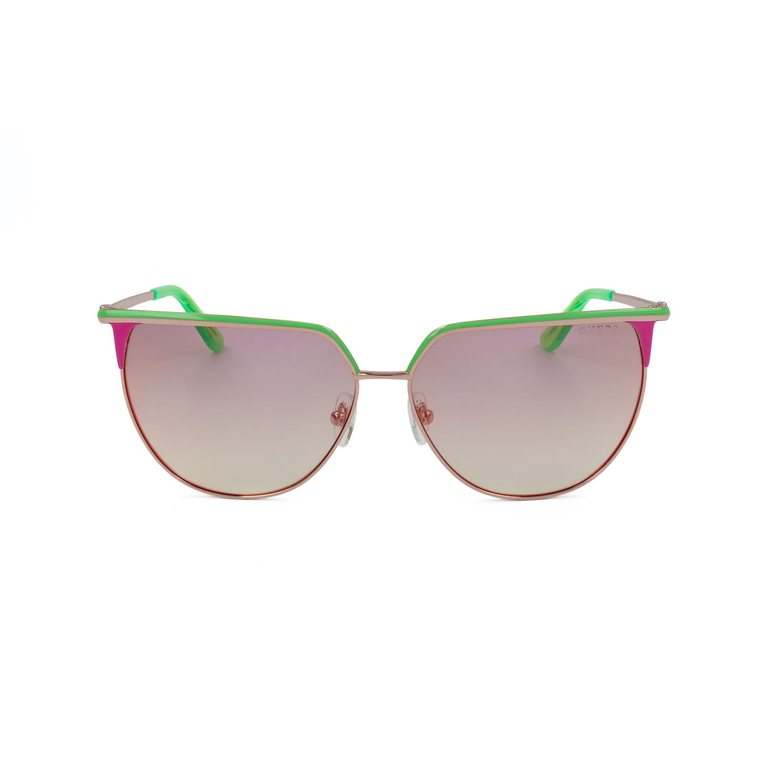 Occhiali da sole con montatura rosa-verde e lenti a specchio.