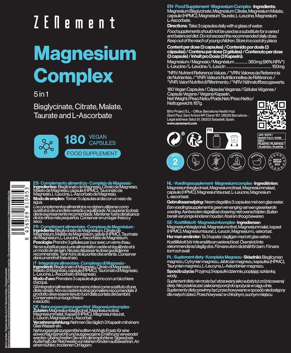 Etichetta del prodotto Zenement Magnesium Komplex 5 in 1. Contiene: Bisglicinato, Citrato, Malato, Taurato, L-Ascorbato. 180 capsule vegane. Testi multilingue.