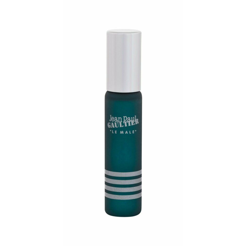 Flacone Jean Paul Gaultier Le Male Eau de Toilette. Flacone verde, strisce argentate, tappo argentato. Nome e marchio visibili.