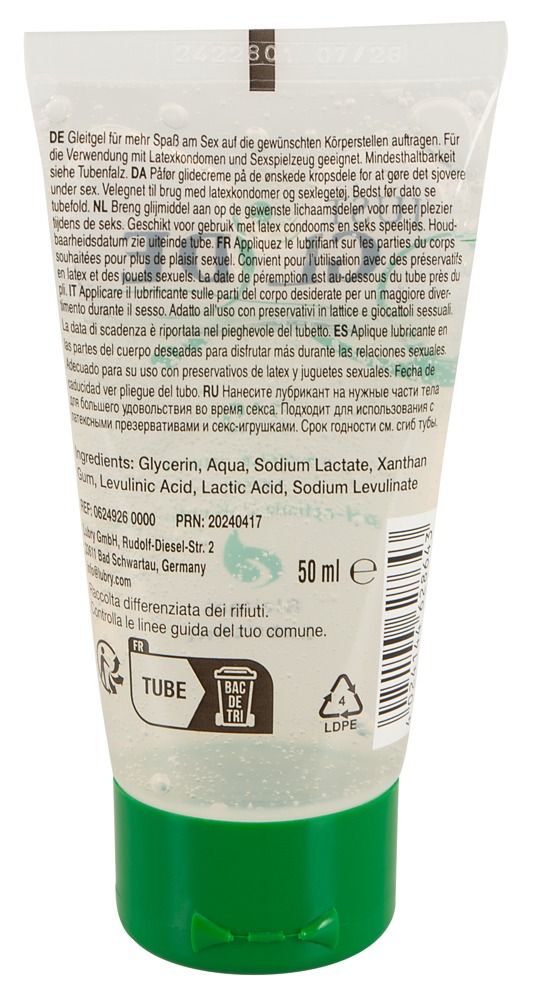Gel lubrificante Just Glide Bio in tubo trasparente con tappo verde. Testo: "naturale", "vegan", "pH ottimizzato".