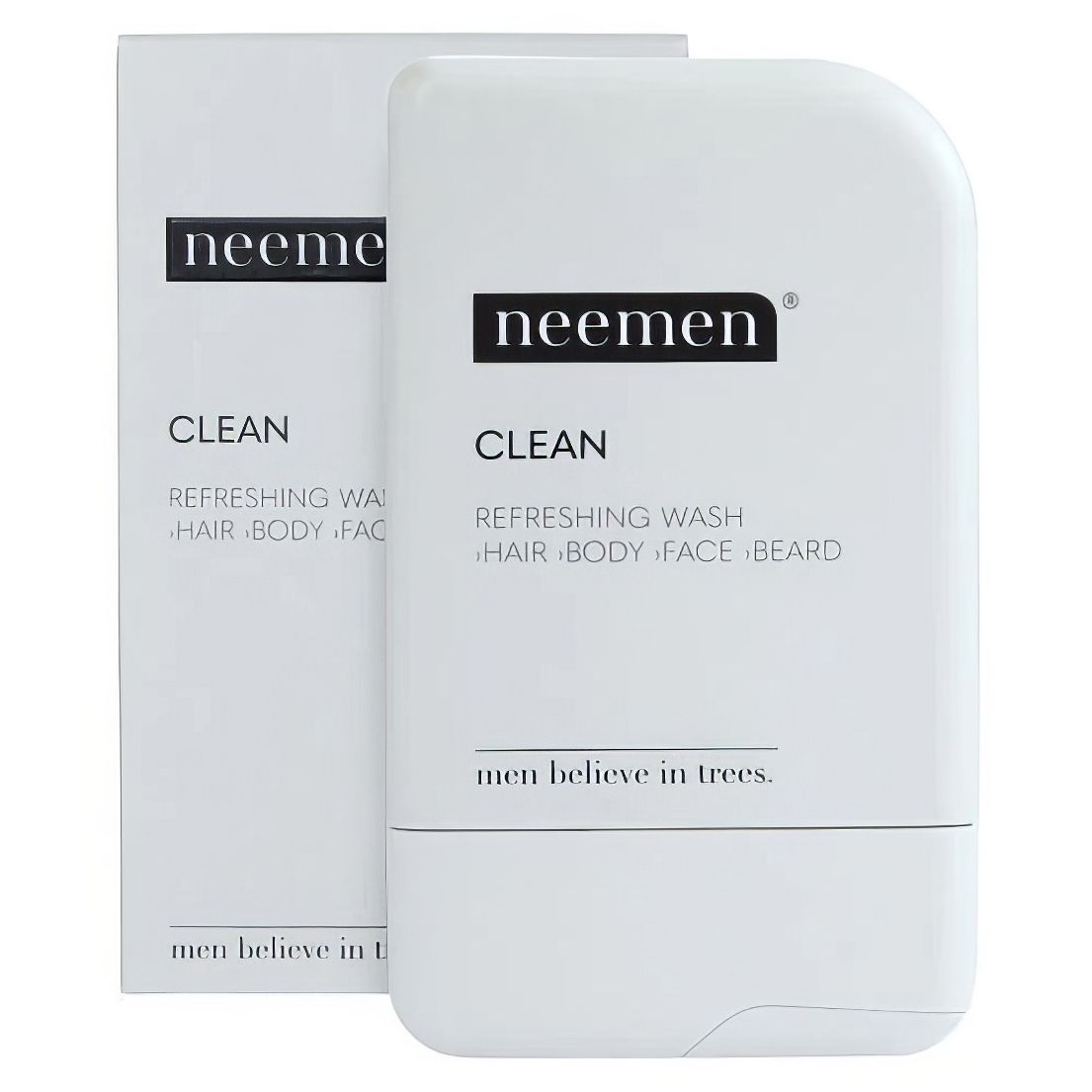 Prodotto bianco con testo nero "neemen CLEAN". Testo sottostante: "Refreshing Wash Hair Body Face Beard". Confezione accanto.