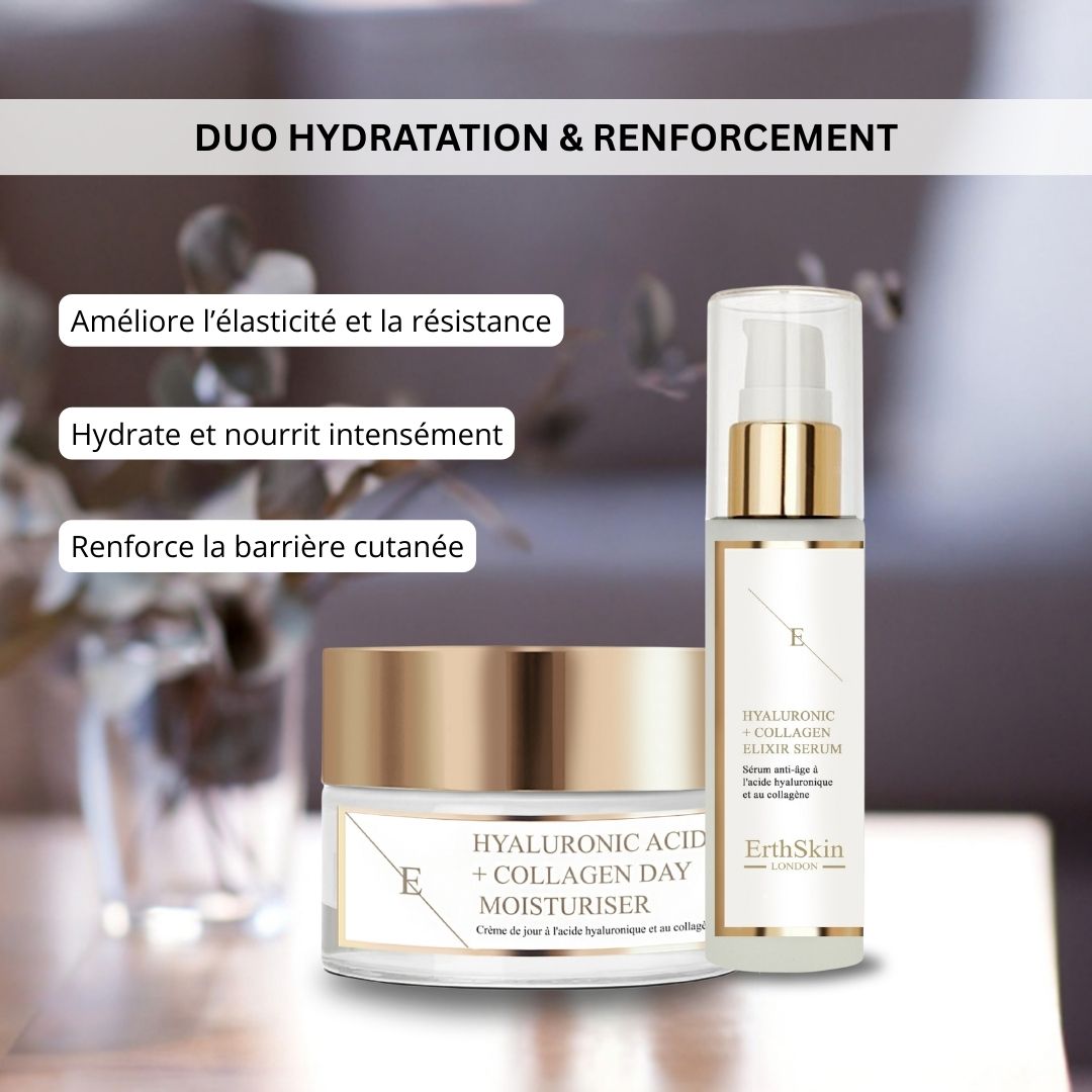 Set crema giorno e siero. Vasetto di crema e flacone di siero con coperchi dorati. Scritta: Acido ialuronico + collagene.