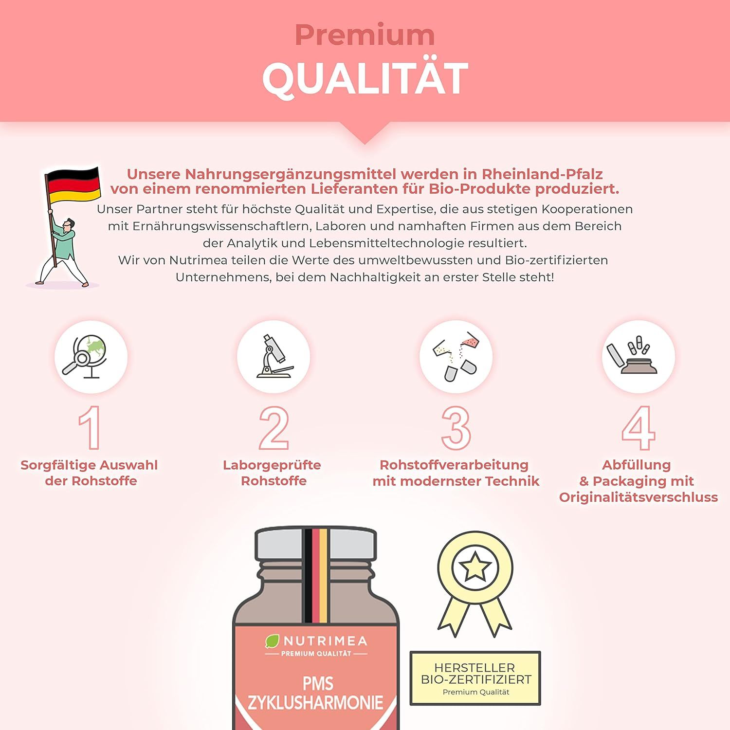 Infografica: Qualità Premium. Passaggi: selezione materie prime, test di laboratorio, lavorazione, confezionamento. Bio-certificazione.