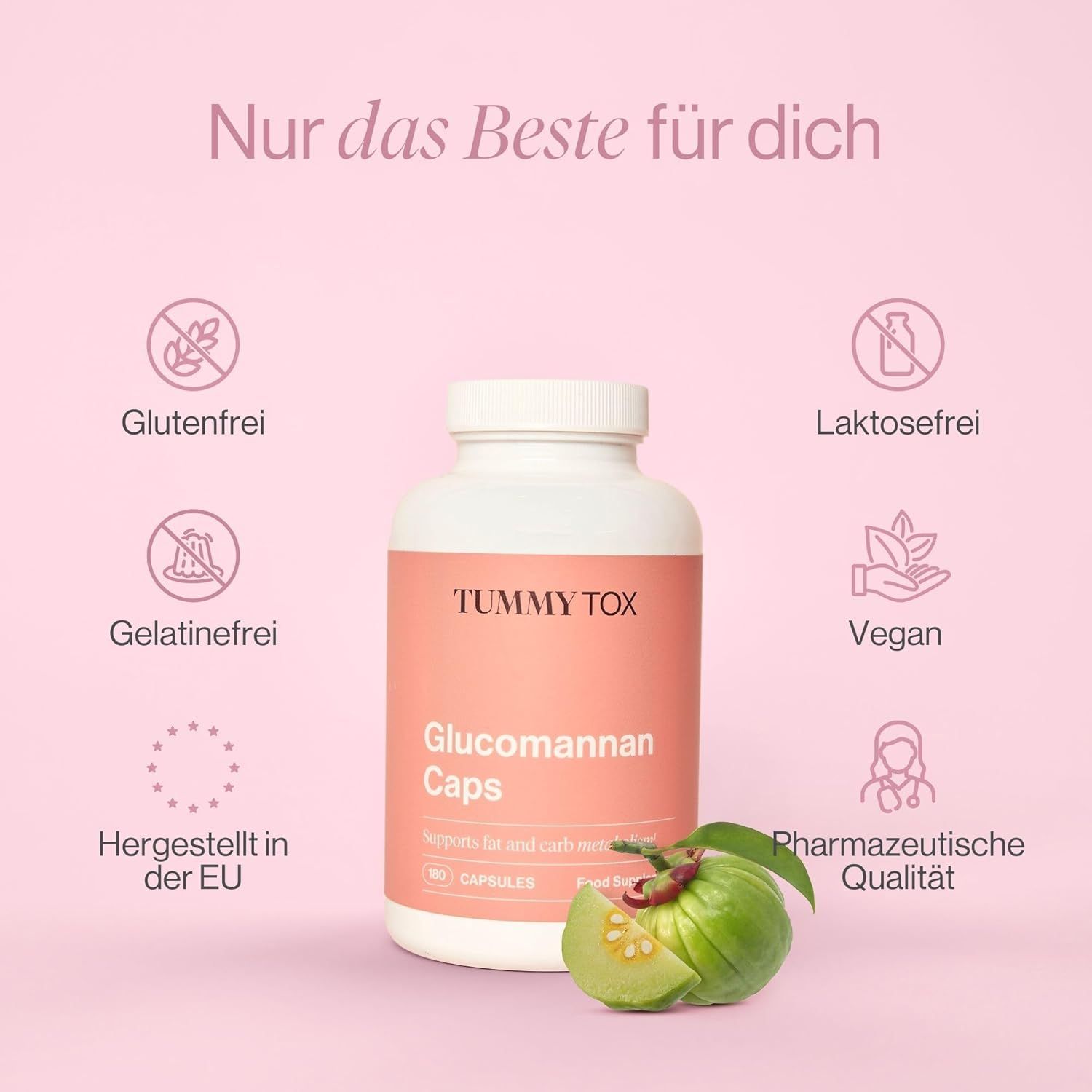 Flacone bianco, etichetta rosa. Testo: TUMMY TOX, Glucomannan Caps, 180 capsule. Senza glutine, senza lattosio, vegano.