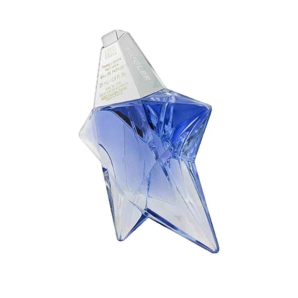 Profumo blu in flacone a forma di stella con tappo argentato. Flacone leggermente inclinato.