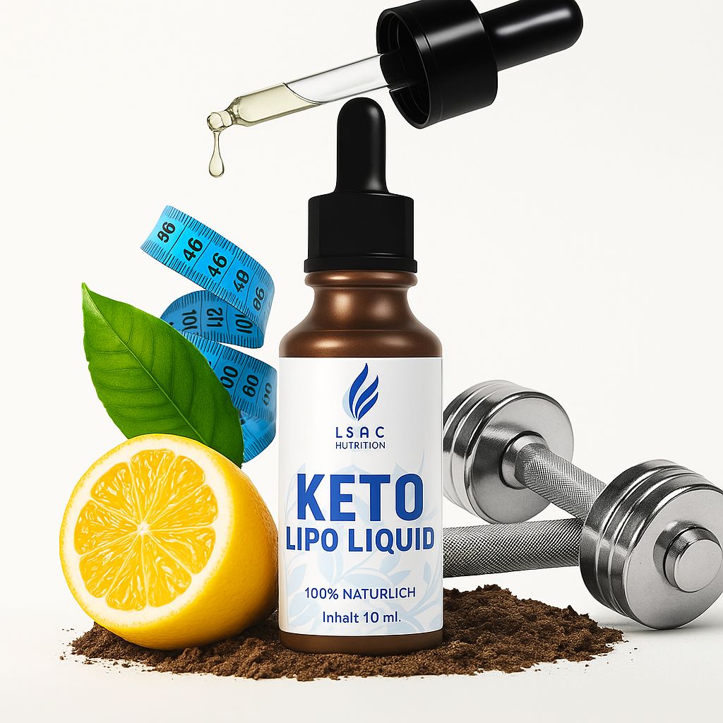 Flacone marrone con contagocce, gocce, limone, metro a nastro, foglia e manubrio. Scritta KETO LIPO LIQUID. 100% naturale.