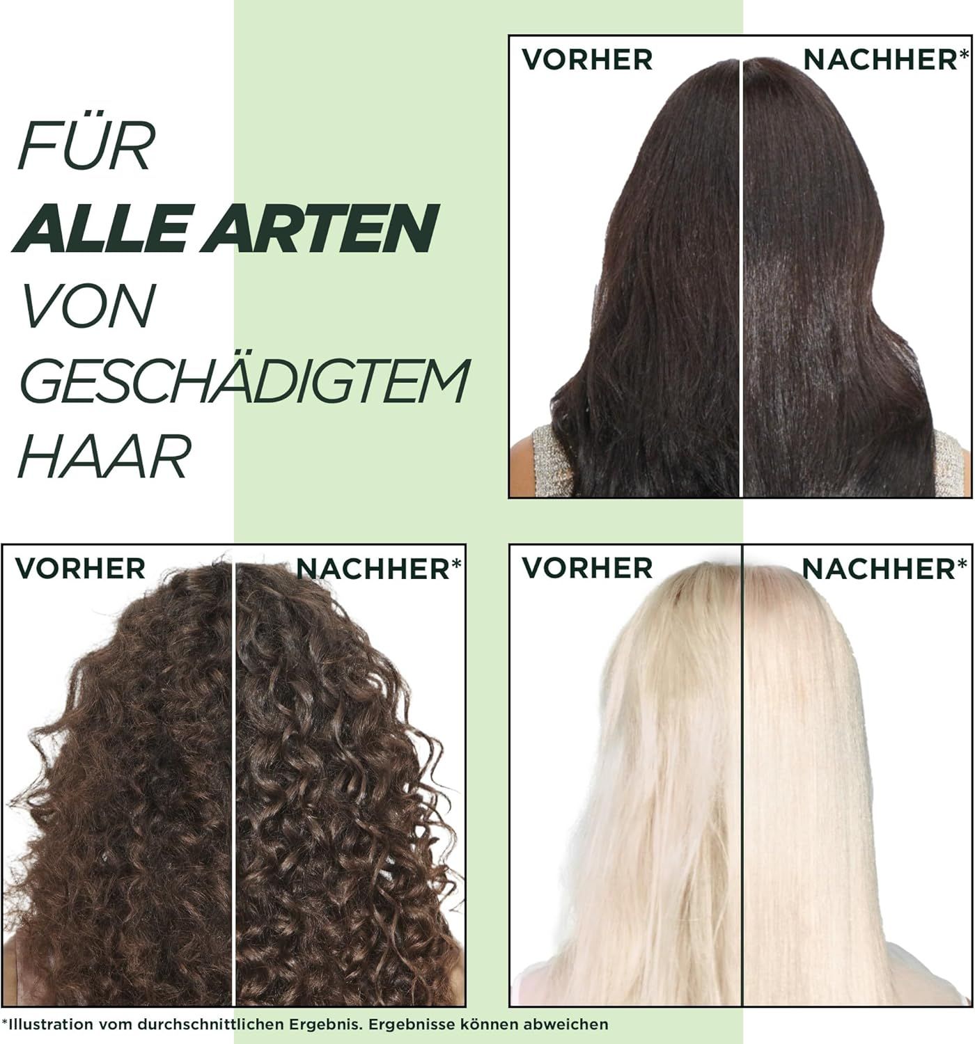 Confronto capelli prima e dopo il trattamento. Testo: Per tutti i tipi di capelli danneggiati.