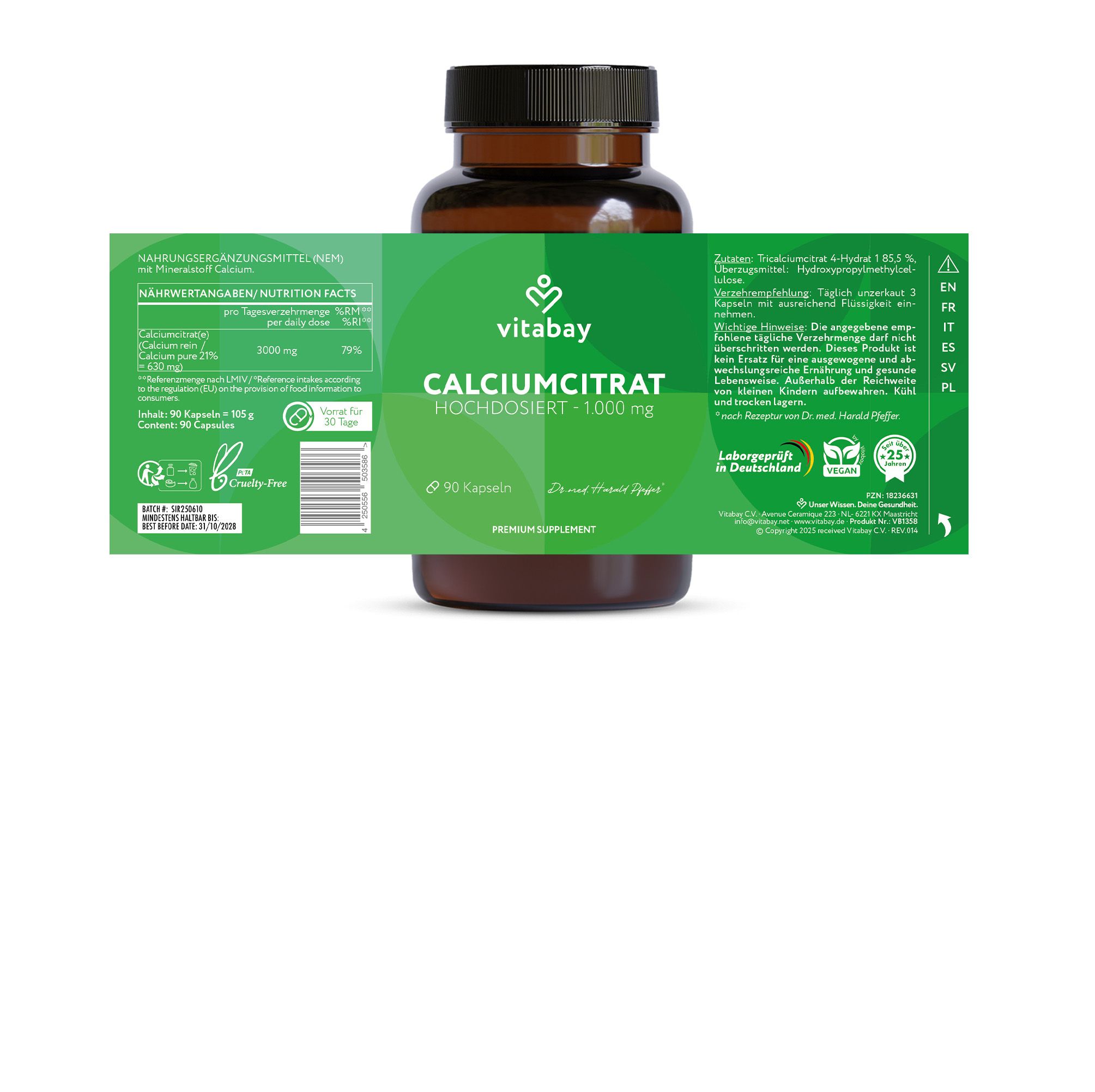 Flacone di vetro marrone con etichetta verde. Testo: Calcio citrato ad alto dosaggio 1.000 mg. 90 capsule. Logo Vitabay. Etichetta con informazioni.