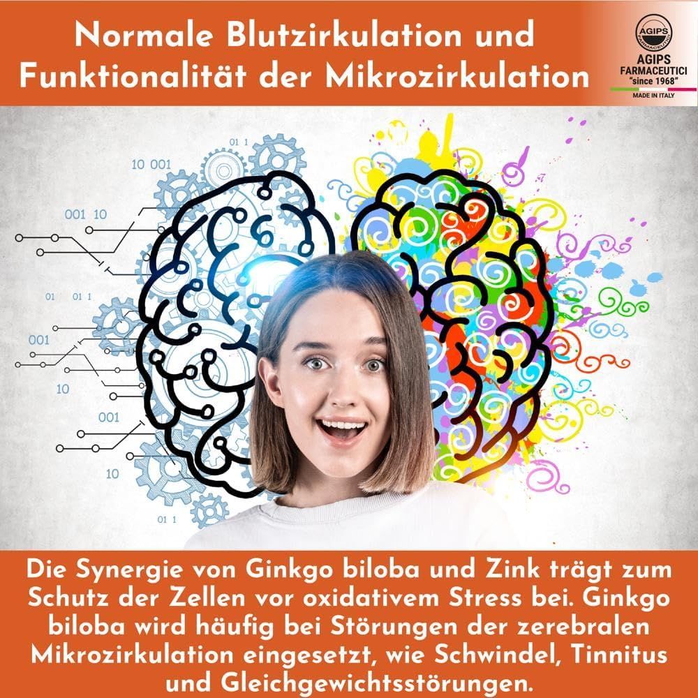 Grafico cervello colorato e grigio. Testo sulla circolazione sanguigna e la microcircolazione. Donna sorridente.