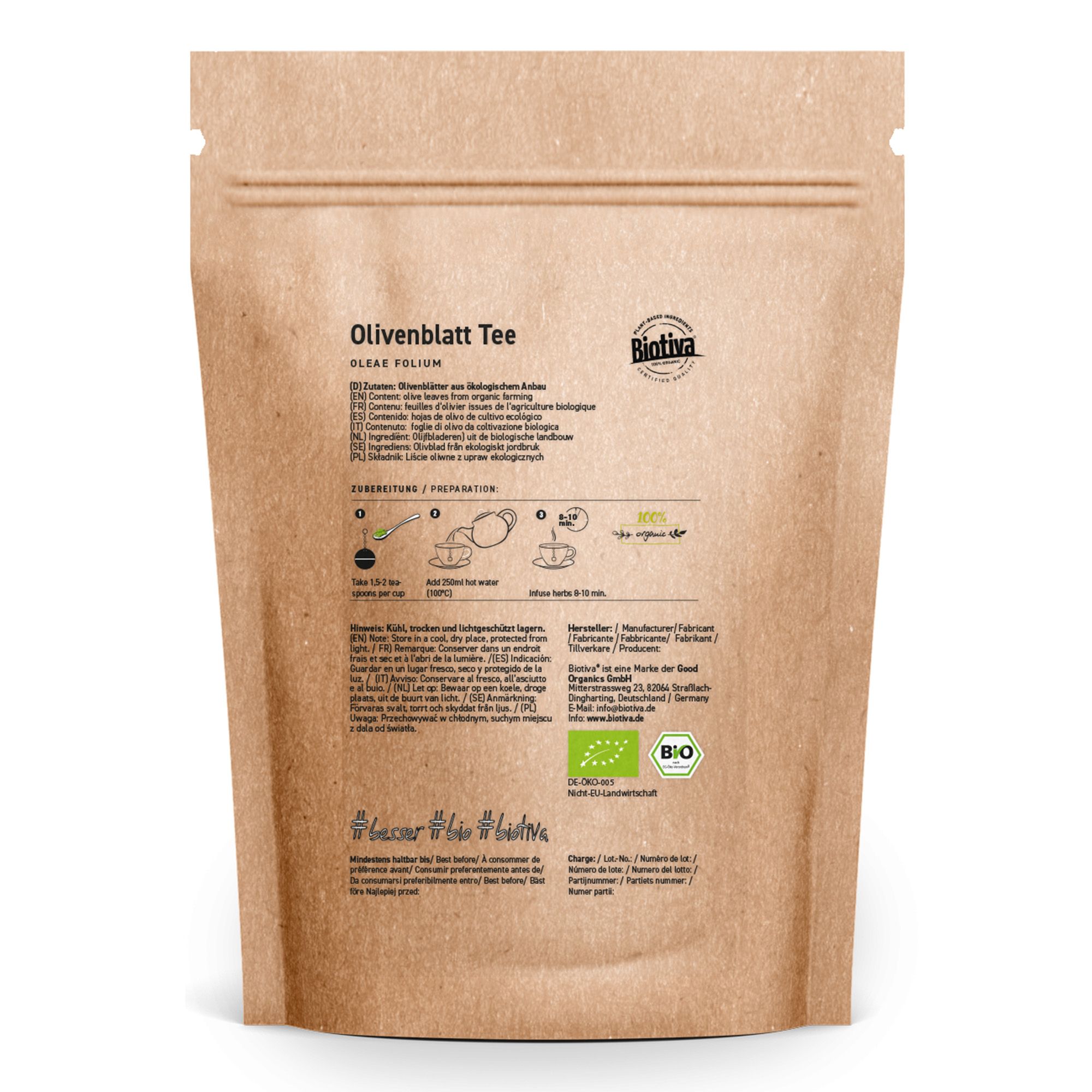 Retro della busta di tè alle foglie di ulivo. Informazioni sugli ingredienti, la preparazione, il sigillo bio e il produttore.