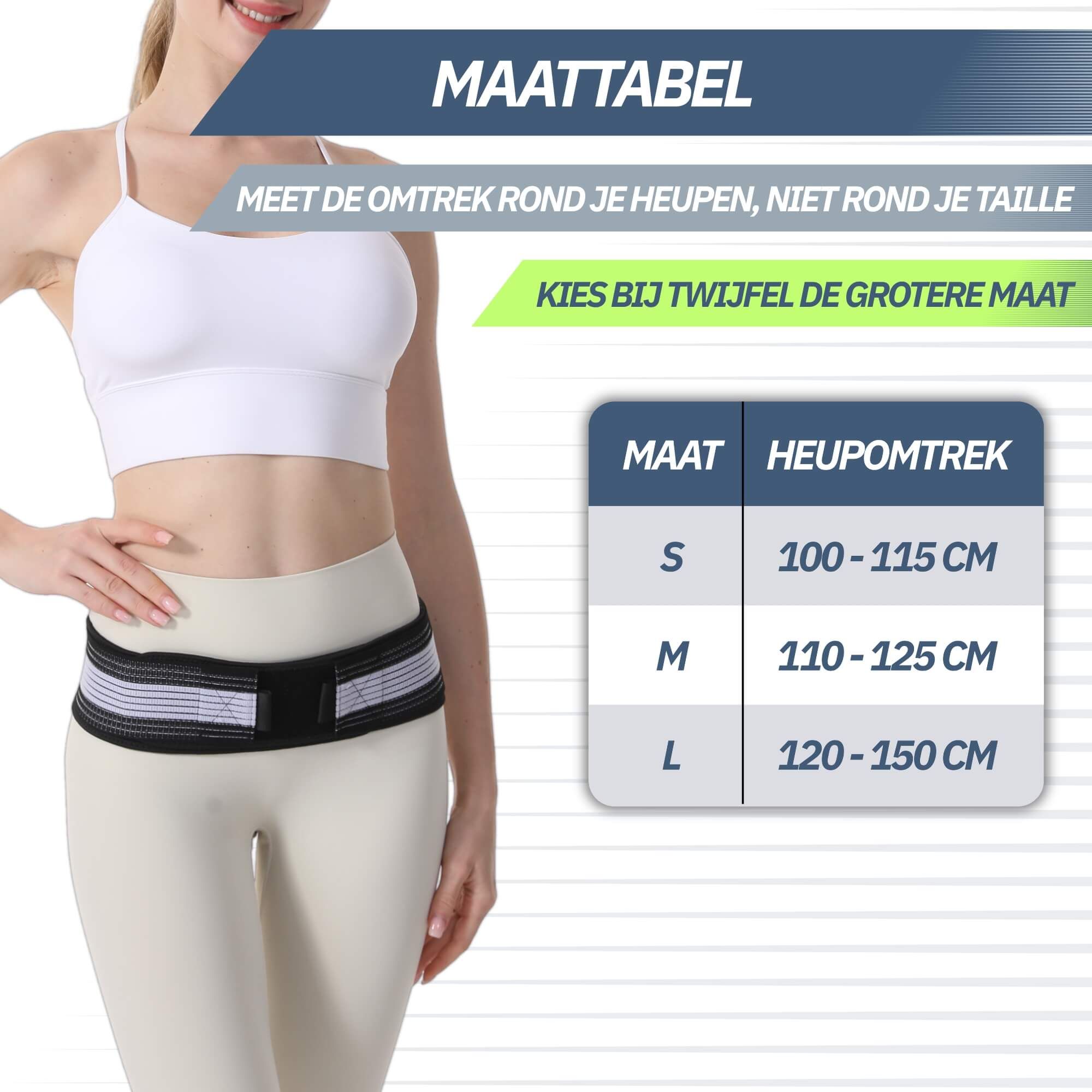 Tabella taglie per fascia pelvica: S (100-115 cm), M (110-125 cm), L (120-150 cm).