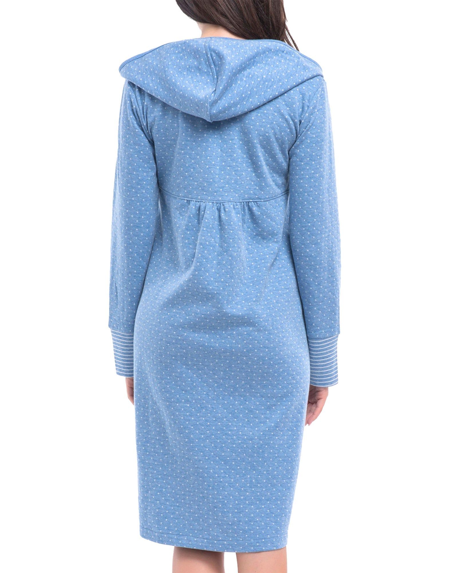 Accappatoio blu con cappuccio, pile di cotone, a pois. Vista posteriore. Maniche a righe.