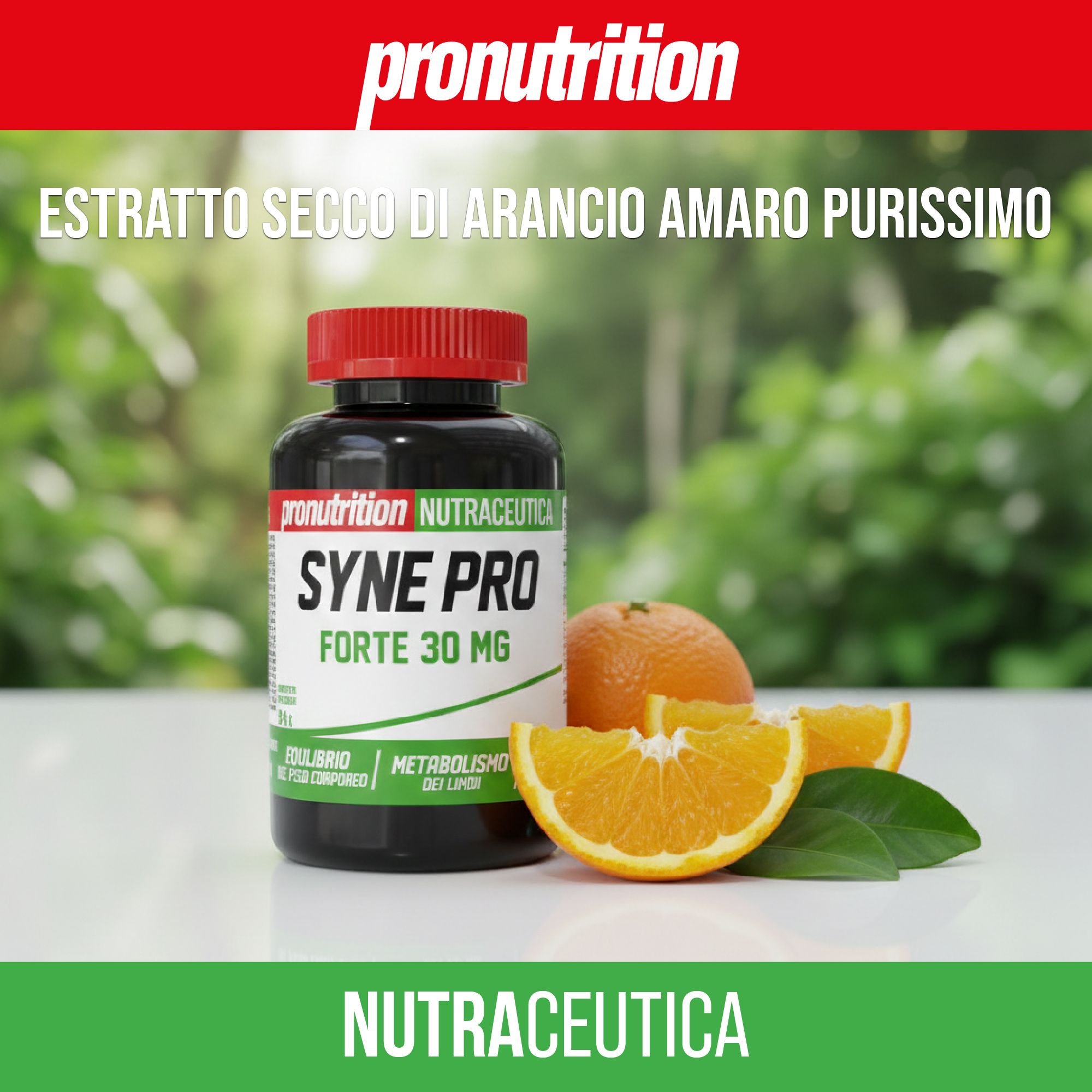 Flacone nero, tappo rosso. Testo: SYNE PRO FORTE 30 MG. Scritta: NUTRAZEUTICA. Arance e foglie.