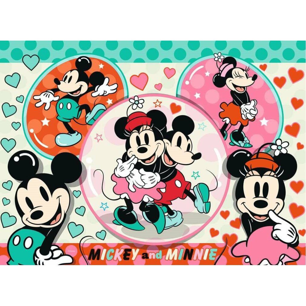 Motivo puzzle con Topolino e Minnie in varie pose, circondati da cuori e cerchi. Design colorato.