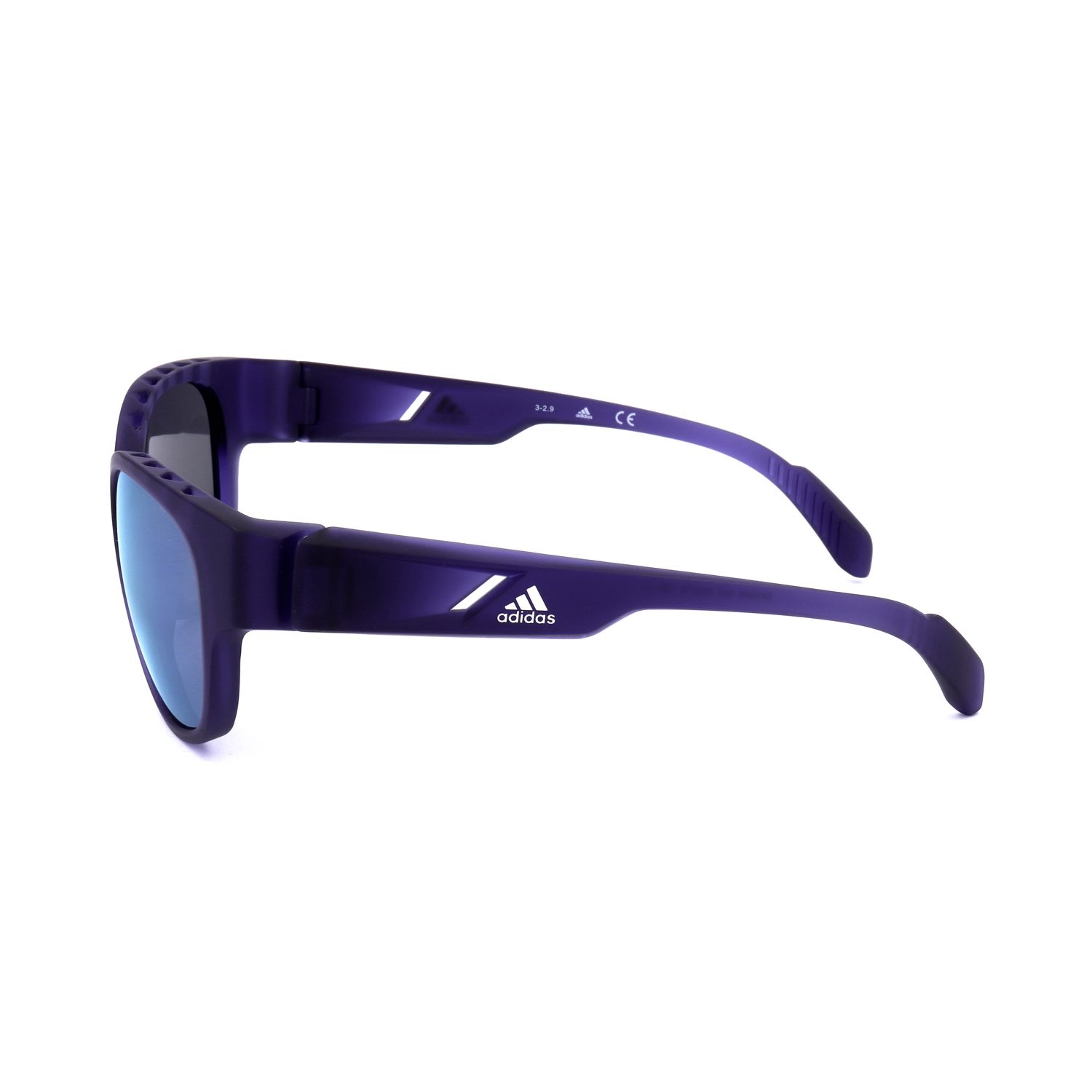 Occhiali da sole sportivi Adidas viola con lenti a specchio blu e logo bianco.
