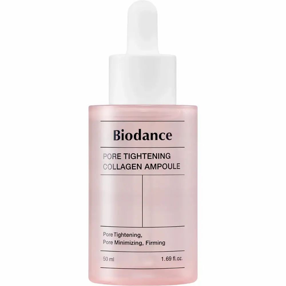 Flacone rosa con tappo bianco. Scritta: Biodance PORE TIGHTENING COLLAGEN AMPOULE. Contiene 50 ml.