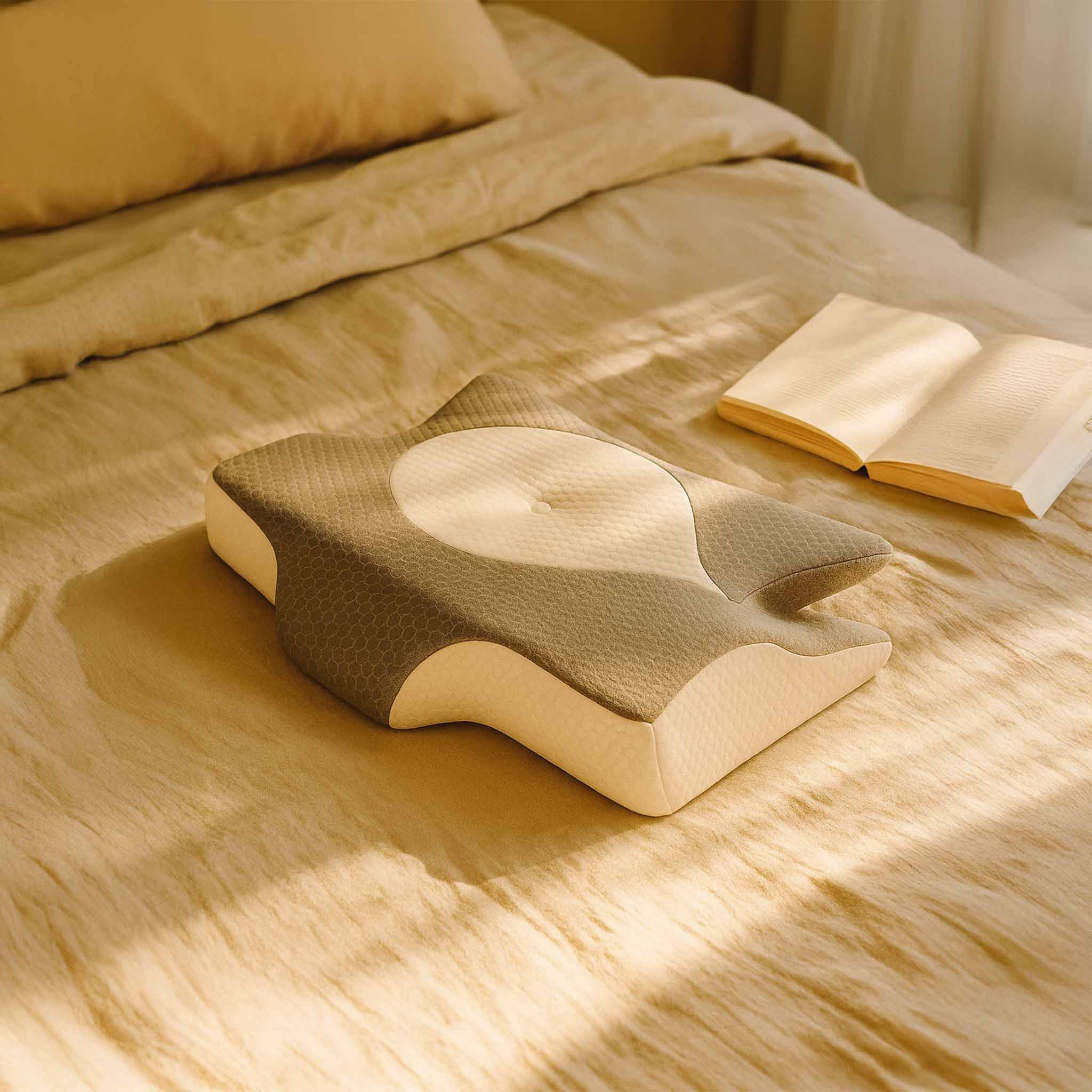 Cuscino ortopedico sul letto. Design grigio-bianco. Libro accanto.