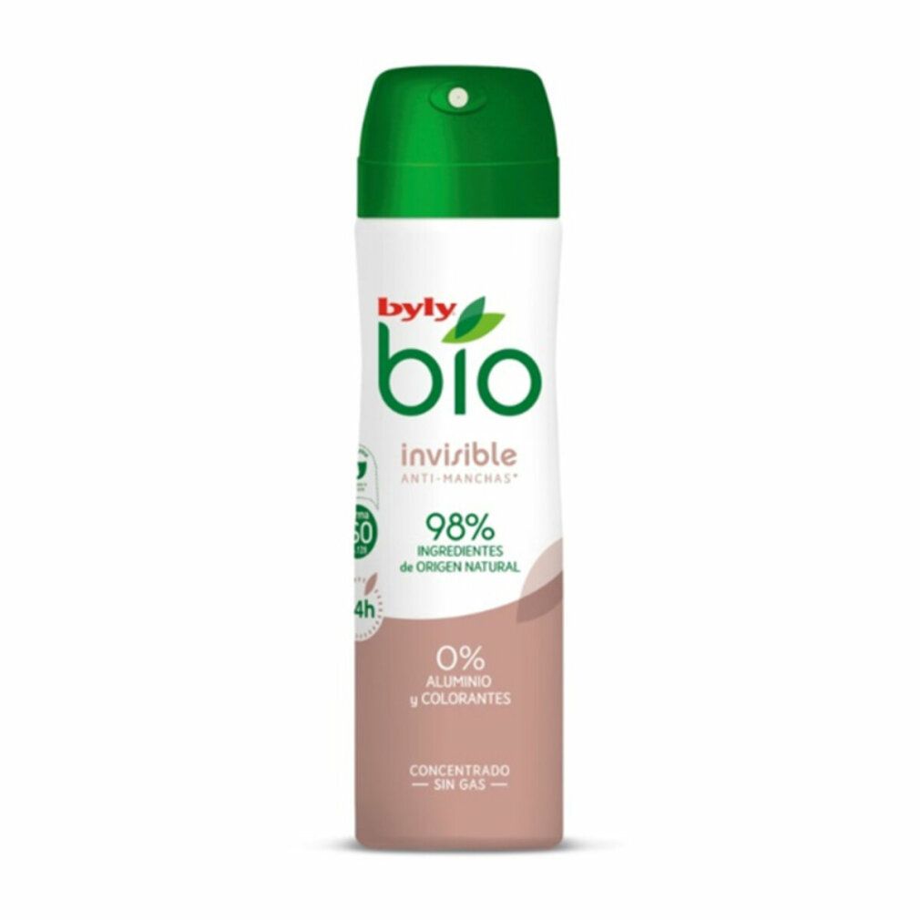 Spray deodorante, flacone bianco con tappo verde. Scritte: Byly Bio, invisible, 98% ingredienti di origine naturale.
