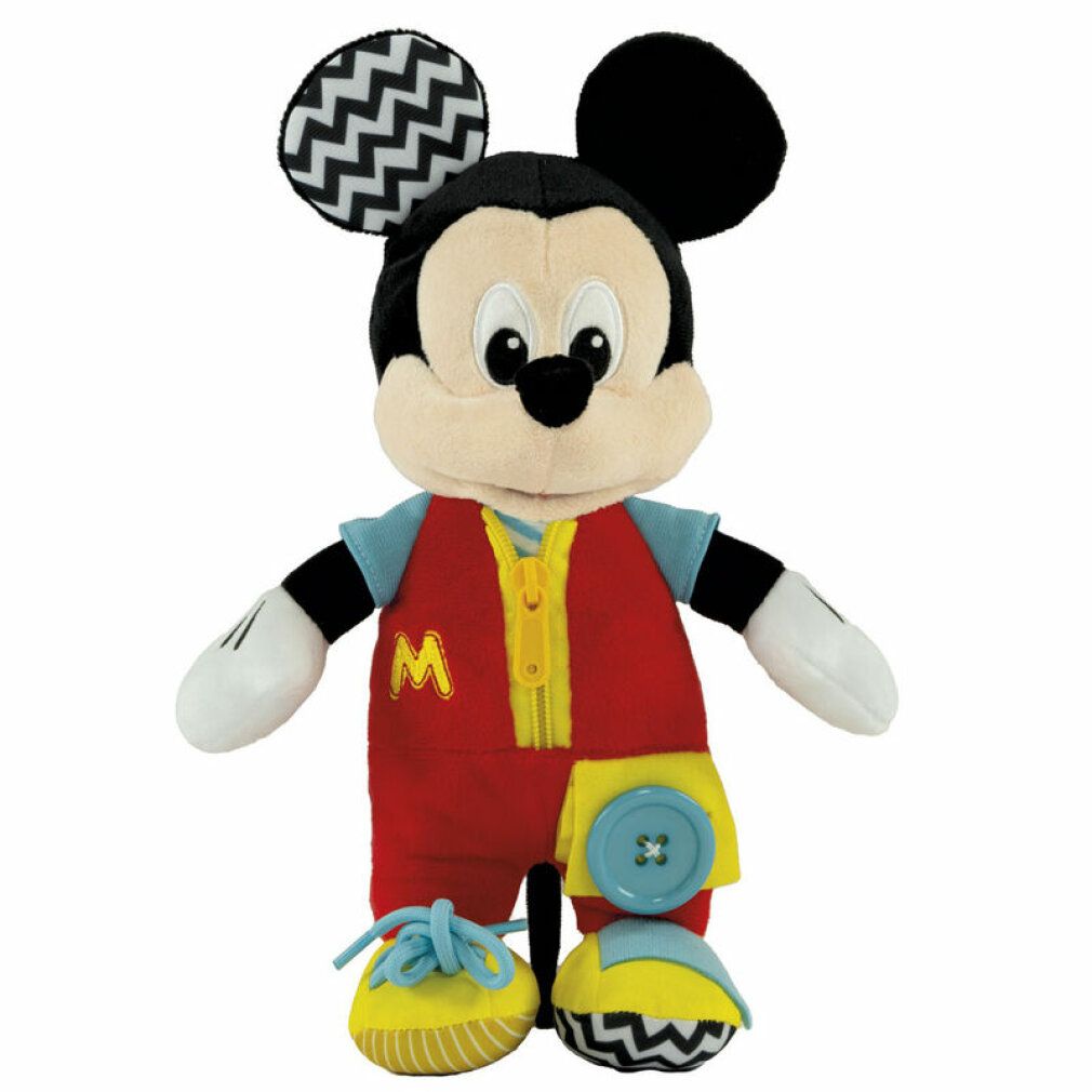 Peluche di Topolino con vestiti da indossare. Salopette rossa con zip, bottone e lacci. Orecchie nere con motivo a zig-zag.