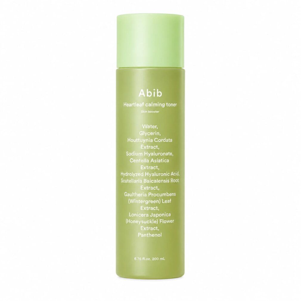 Abib Heartleaf tonico lenitivo, 200ml. Flacone verde con etichetta bianca che elenca gli ingredienti.