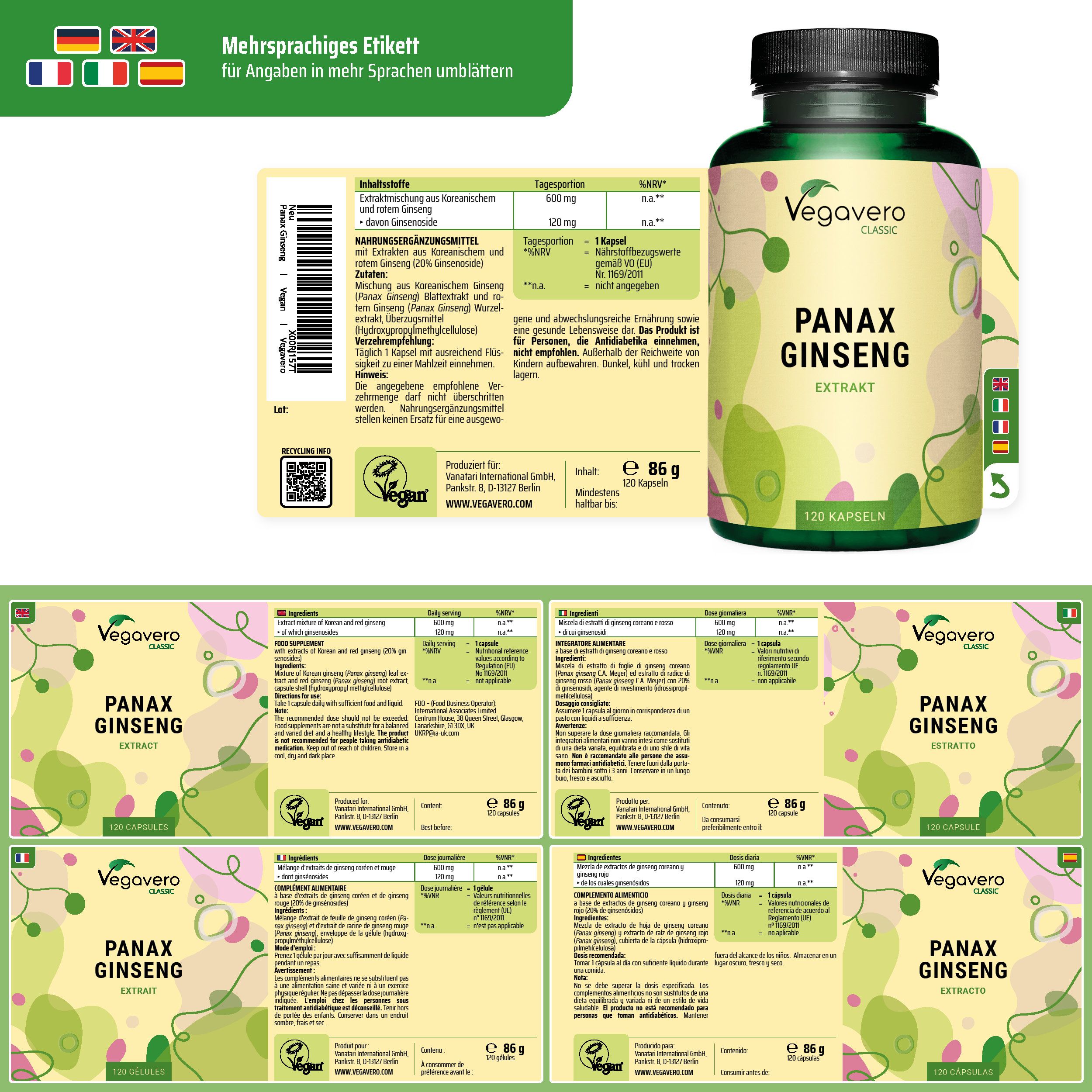 Flacone del prodotto con etichette multilingue. Scritta: Vegavaro Classic, PANAX GINSENG EXTRAKT, 120 capsule. Etichette multilingue.