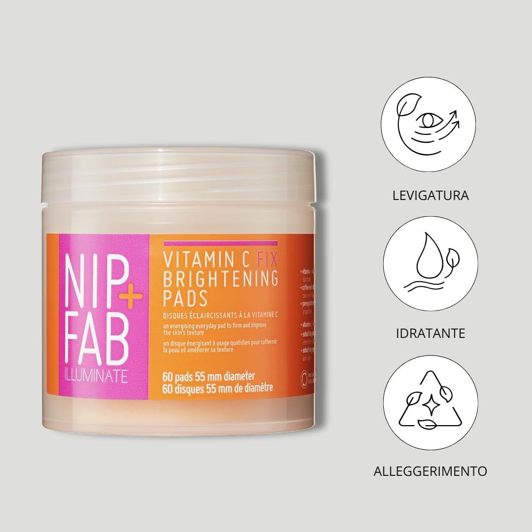Nip+Fab Vitamin C Fix Brightening Pads. Barattolo rotondo con 60 dischetti, 55 mm di diametro. Etichetta arancione-rosa. Icone: levigatura, idratante, illuminante.