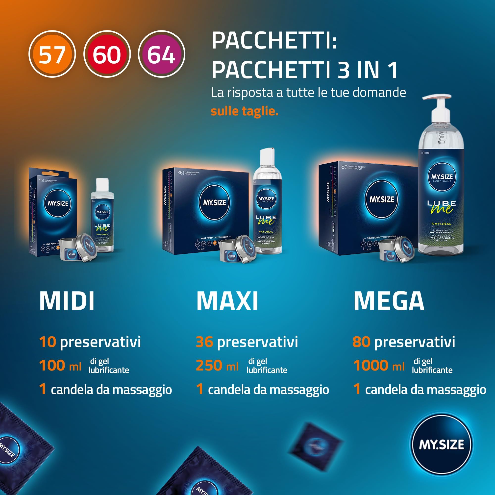 Tre scatole di preservativi MY.SIZE Classic, misure 57, 60 e 64, con marchio CE.